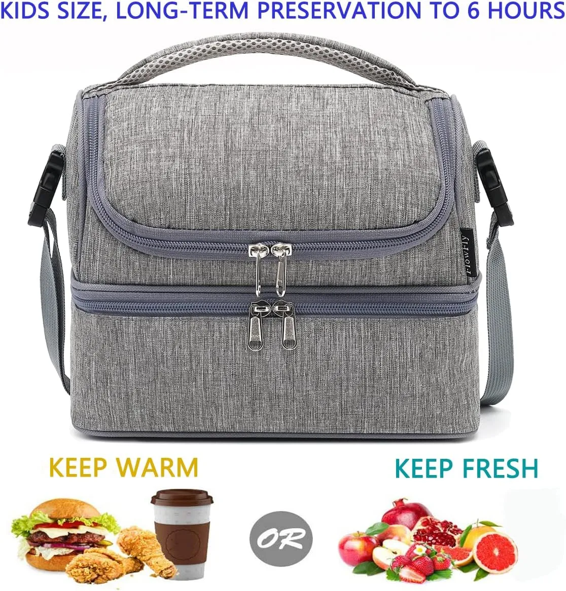 FlowFly Double Decker Cooler Insulated Lunch Bag Large Tote for Boys, Girls, Men, Women, With Adjustable Strap (Grey)