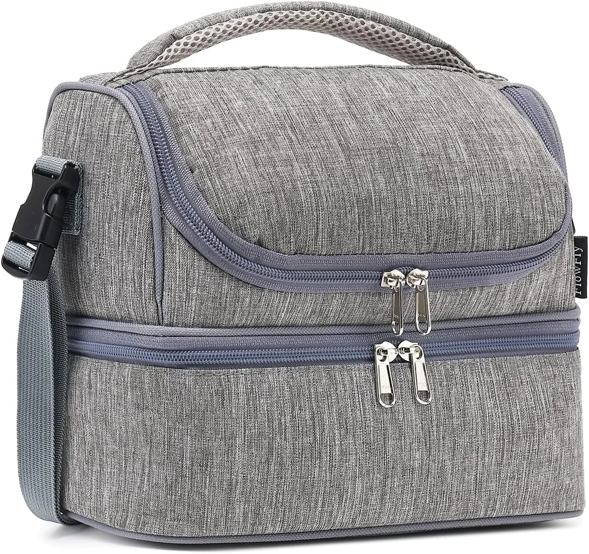 FlowFly Double Decker Cooler Insulated Lunch Bag Large Tote for Boys, Girls, Men, Women, With Adjustable Strap (Grey)