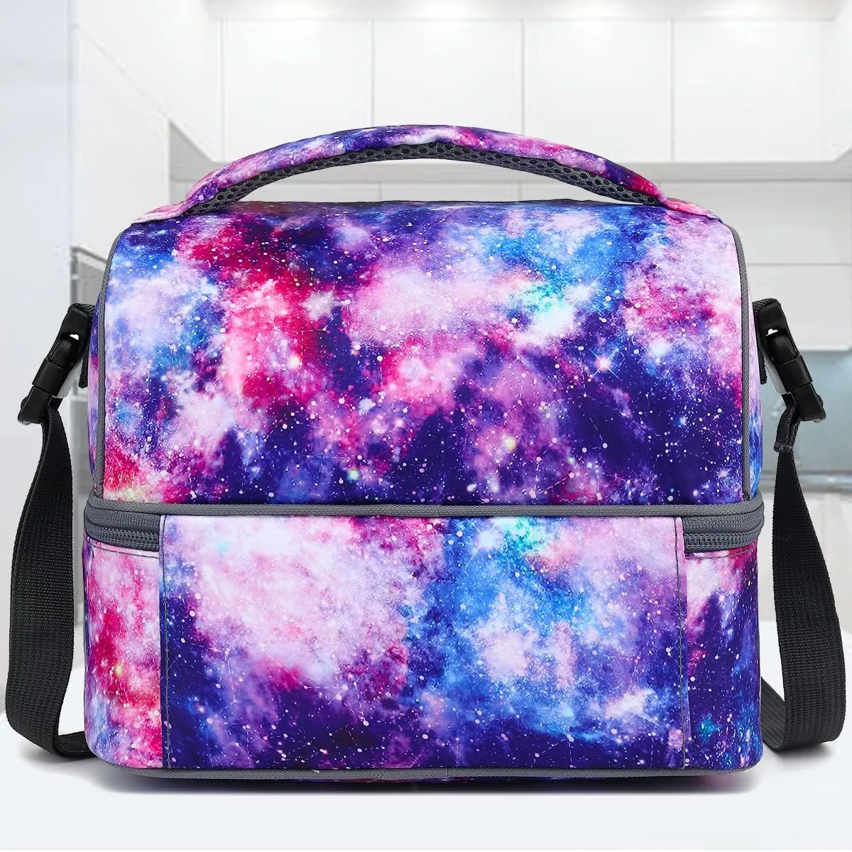 FlowFly Double Decker Cooler Insulated Lunch Bag Large Tote for Boys, Girls, Men, Women, With Adjustable Strap,Galaxy