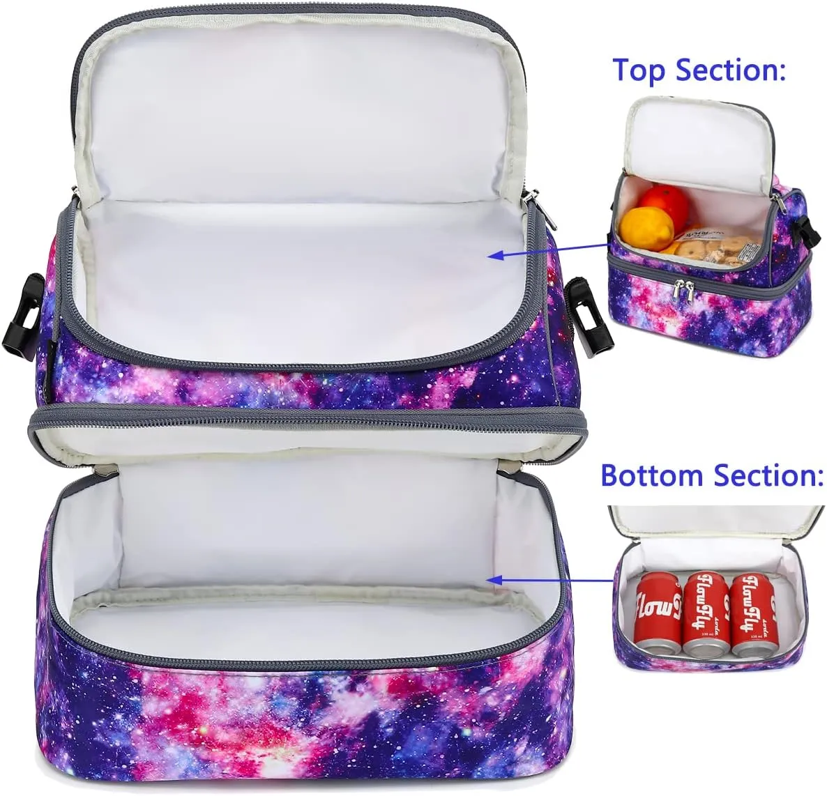 FlowFly Double Decker Cooler Insulated Lunch Bag Large Tote for Boys, Girls, Men, Women, With Adjustable Strap,Galaxy