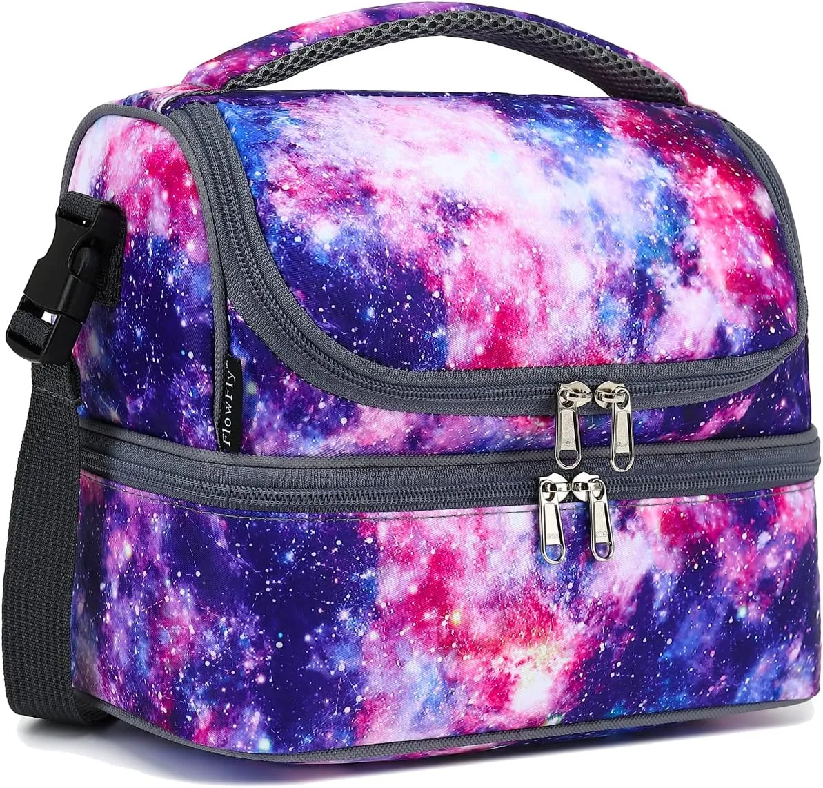 FlowFly Double Decker Cooler Insulated Lunch Bag Large Tote for Boys, Girls, Men, Women, With Adjustable Strap,Galaxy