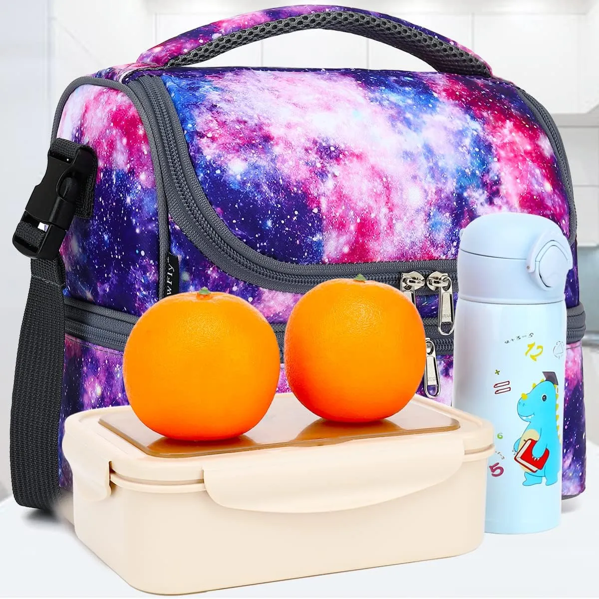 FlowFly Double Decker Cooler Insulated Lunch Bag Large Tote for Boys, Girls, Men, Women, With Adjustable Strap,Galaxy