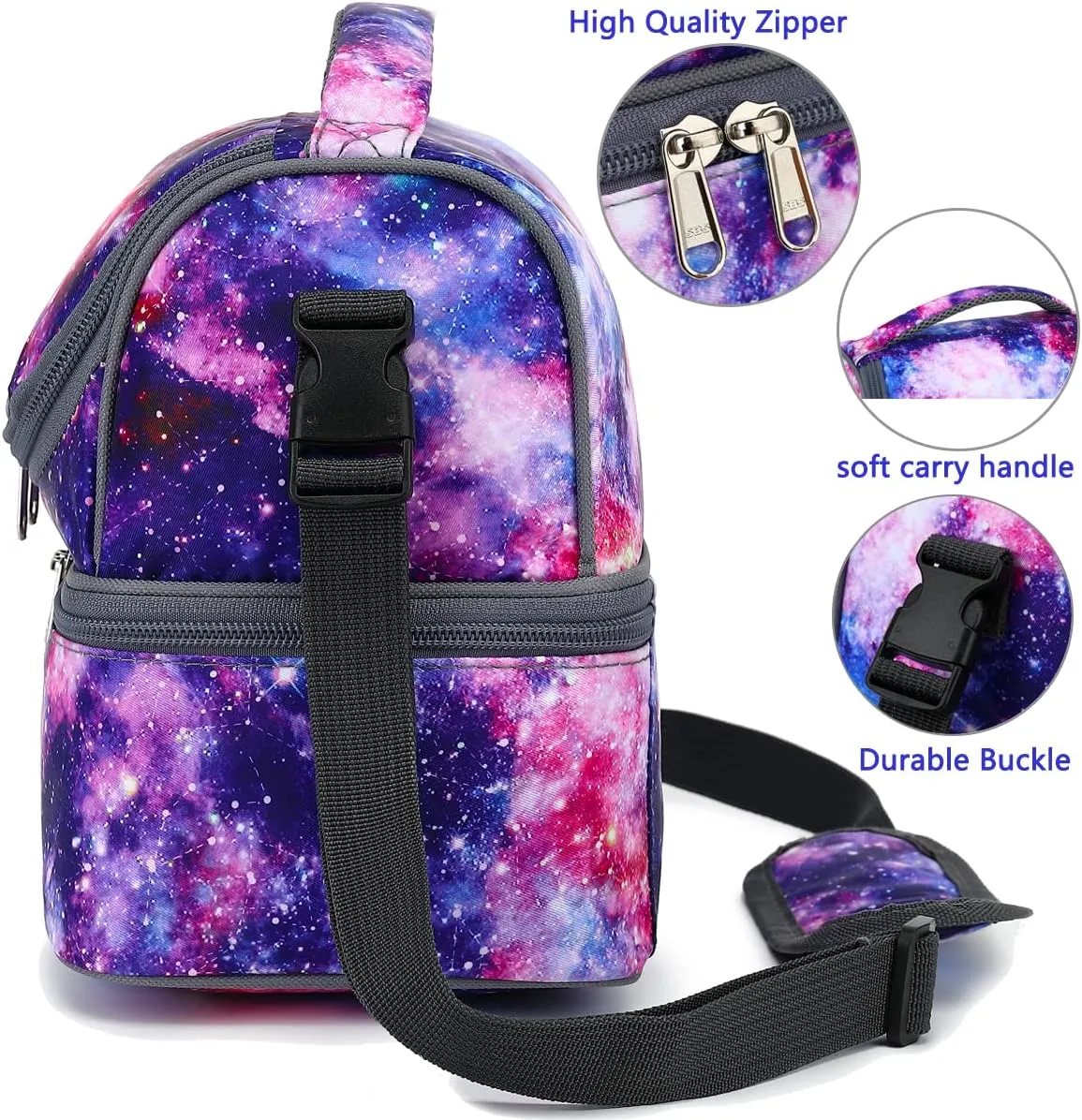 FlowFly Double Decker Cooler Insulated Lunch Bag Large Tote for Boys, Girls, Men, Women, With Adjustable Strap,Galaxy