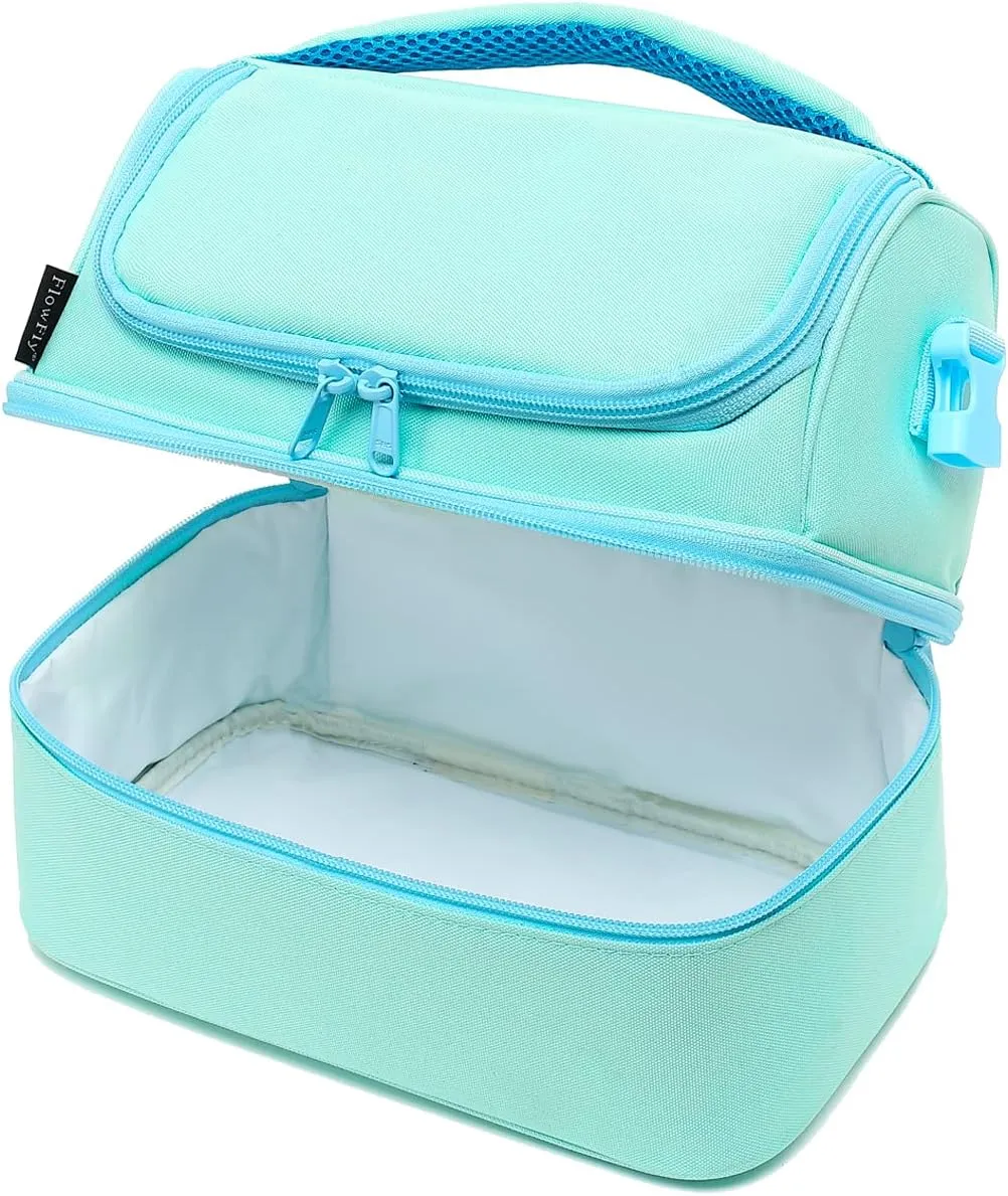FlowFly Double Decker Cooler Insulated Lunch Bag Large Tote for Boys, Girls, Men, Women, With Adjustable Strap,Light Blue