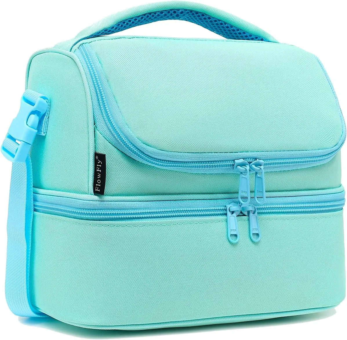 FlowFly Double Decker Cooler Insulated Lunch Bag Large Tote for Boys, Girls, Men, Women, With Adjustable Strap,Light Blue