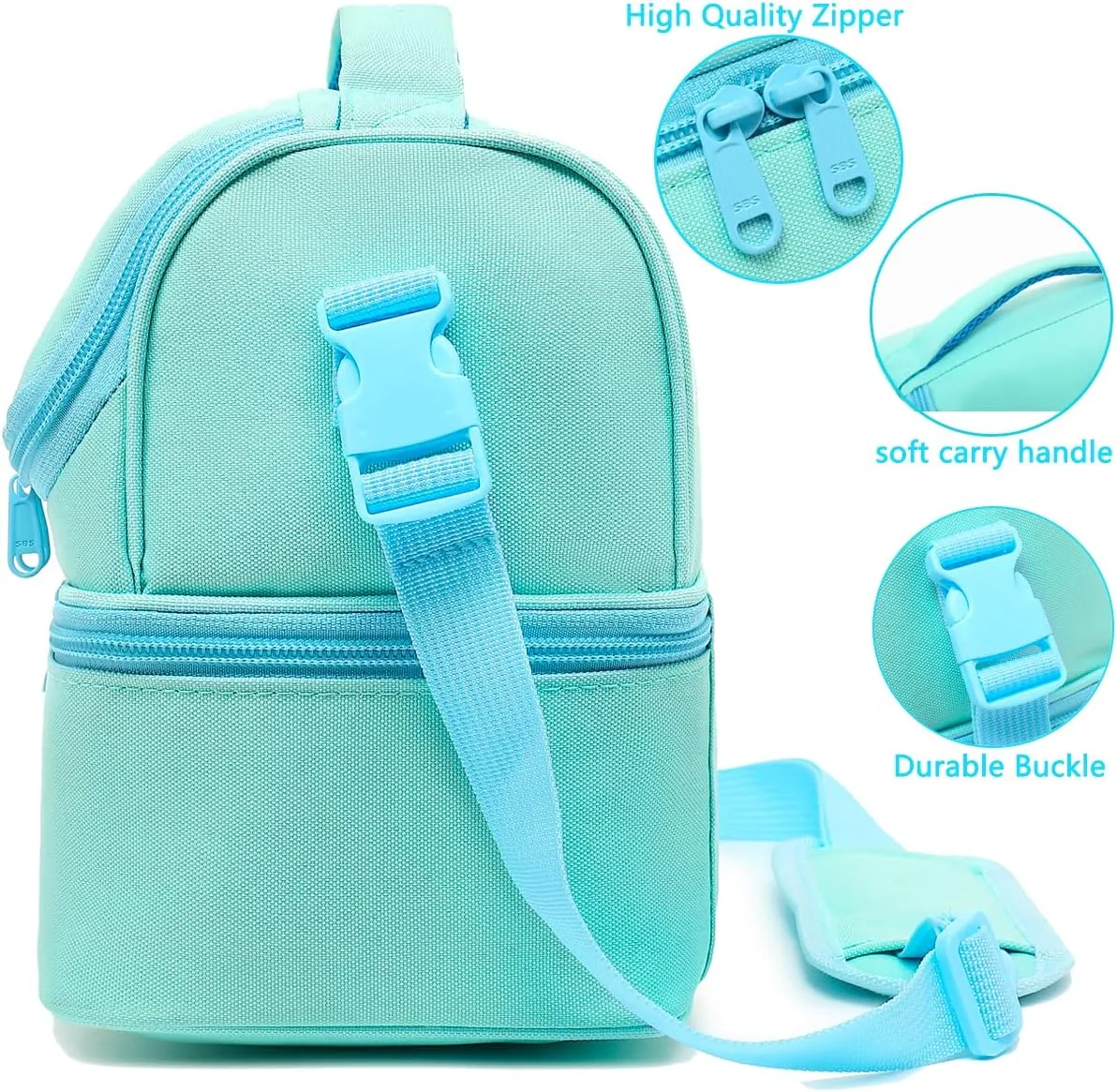 FlowFly Double Decker Cooler Insulated Lunch Bag Large Tote for Boys, Girls, Men, Women, With Adjustable Strap,Light Blue