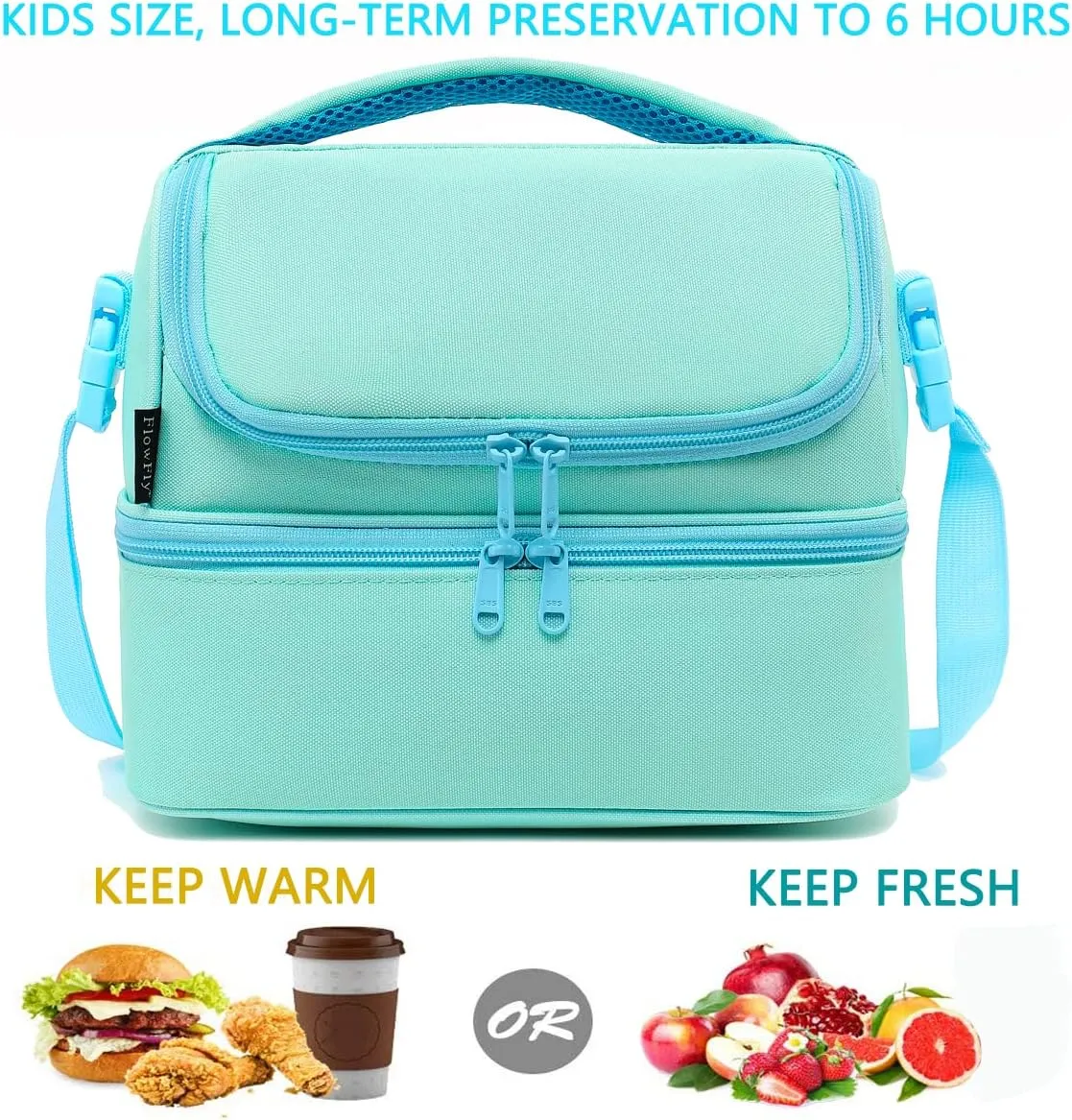 FlowFly Double Decker Cooler Insulated Lunch Bag Large Tote for Boys, Girls, Men, Women, With Adjustable Strap,Light Blue