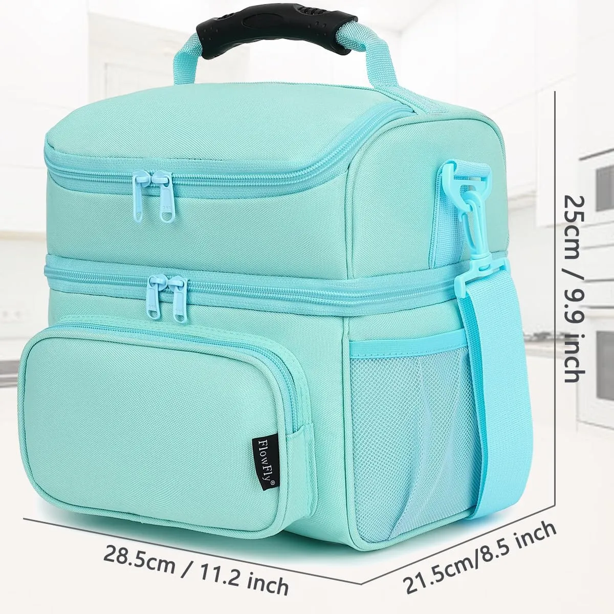 FlowFly Double Layer Cooler Insulated Lunch Bag Adult Lunch Box Large Tote Bag for Men, Women, With Adjustable Strap,Front Pocket and Dual Large Mesh Side Pockets