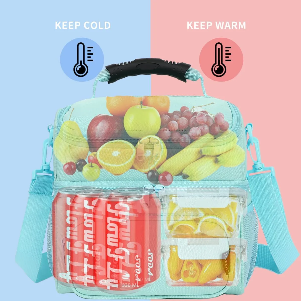 FlowFly Double Layer Cooler Insulated Lunch Bag Adult Lunch Box Large Tote Bag for Men, Women, With Adjustable Strap,Front Pocket and Dual Large Mesh Side Pockets