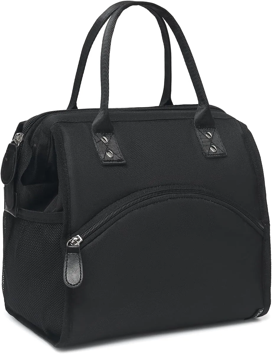 FlowFly Insulated Lunch Bag for Women, Men, Large and Reusable, Handle, Work and Travel Tote and Meal Prep Organizer, Black