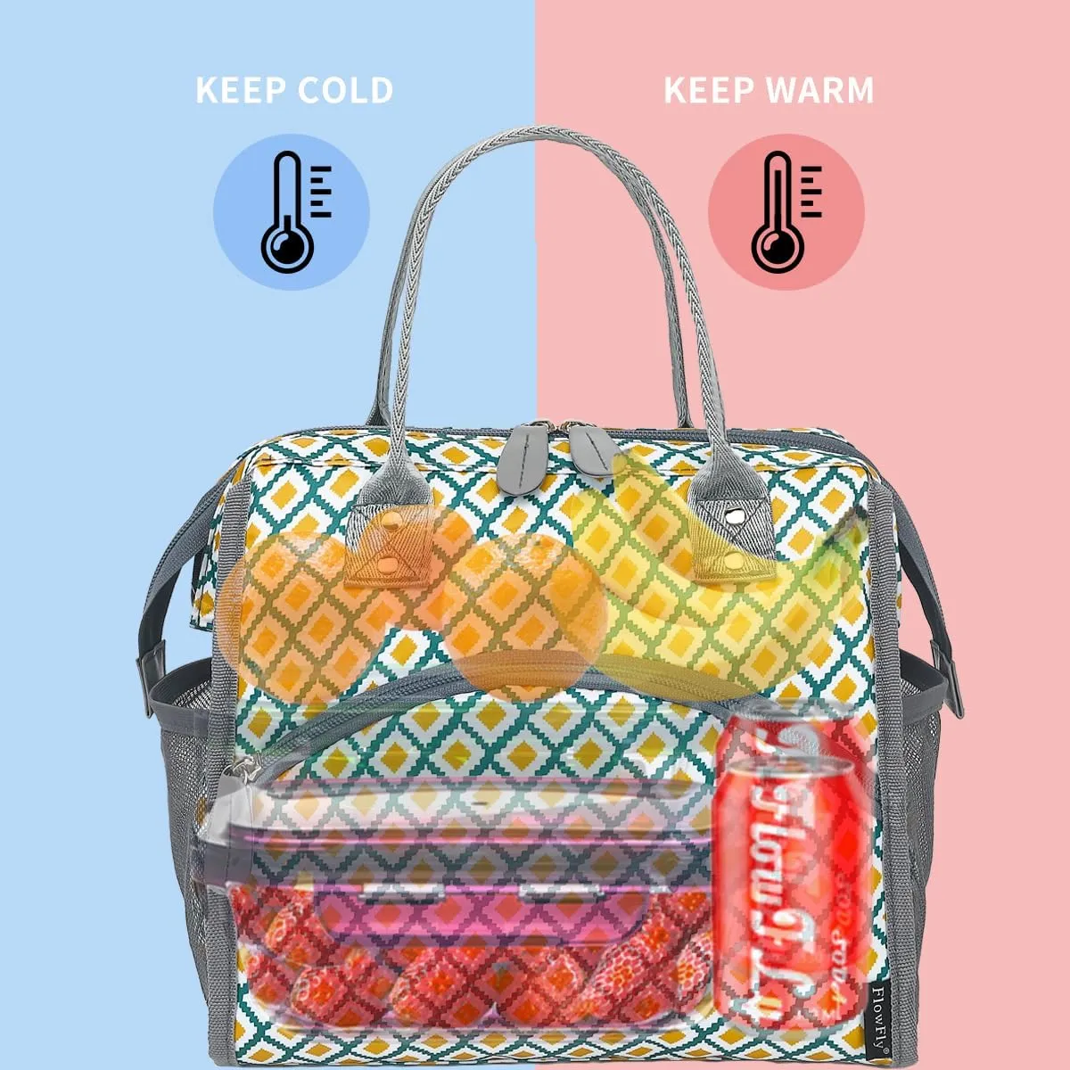 FlowFly Insulated Lunch Bag for Women, Men, Large and Reusable, Handle, Work and Travel Tote and Meal Prep Organizer, Square