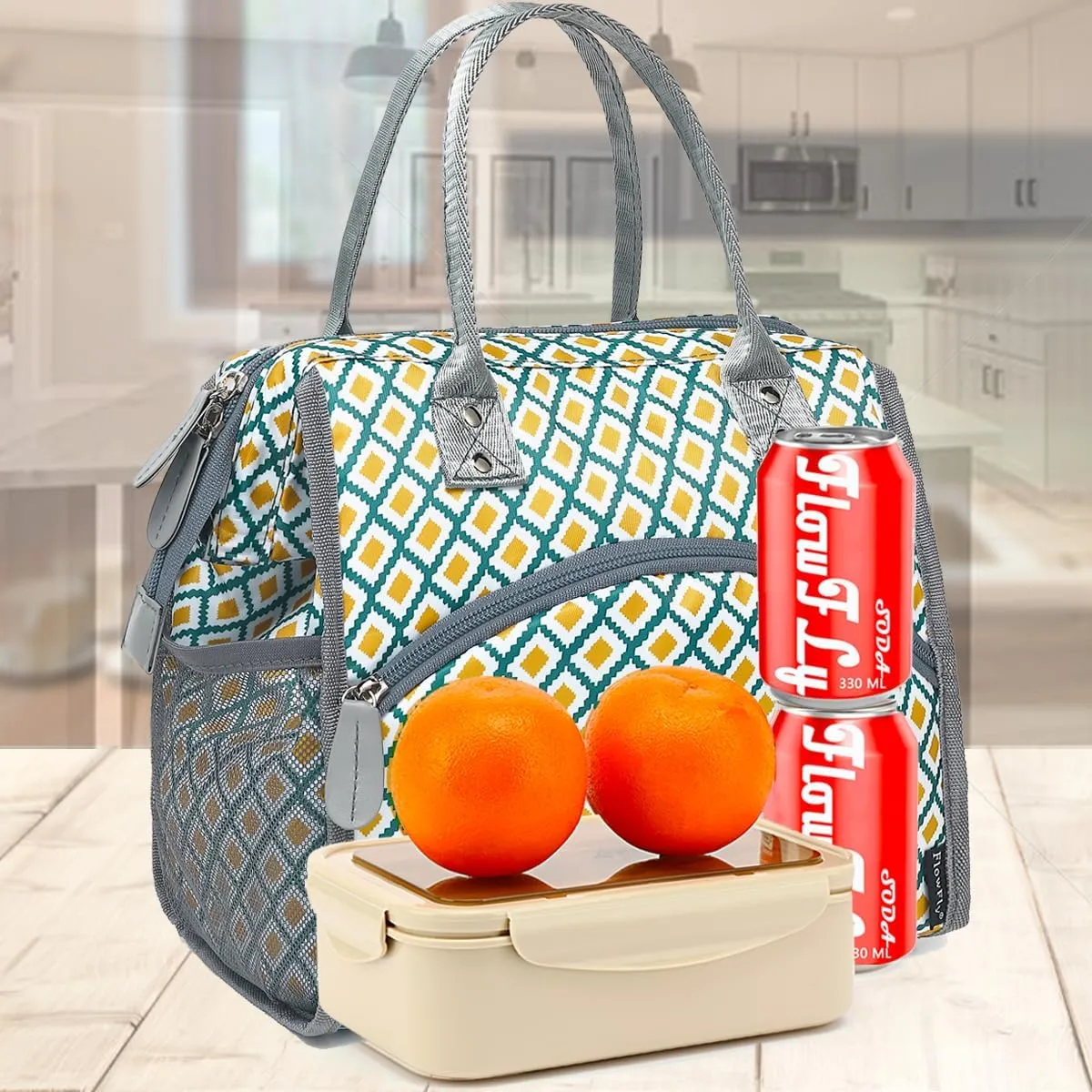FlowFly Insulated Lunch Bag for Women, Men, Large and Reusable, Handle, Work and Travel Tote and Meal Prep Organizer, Square