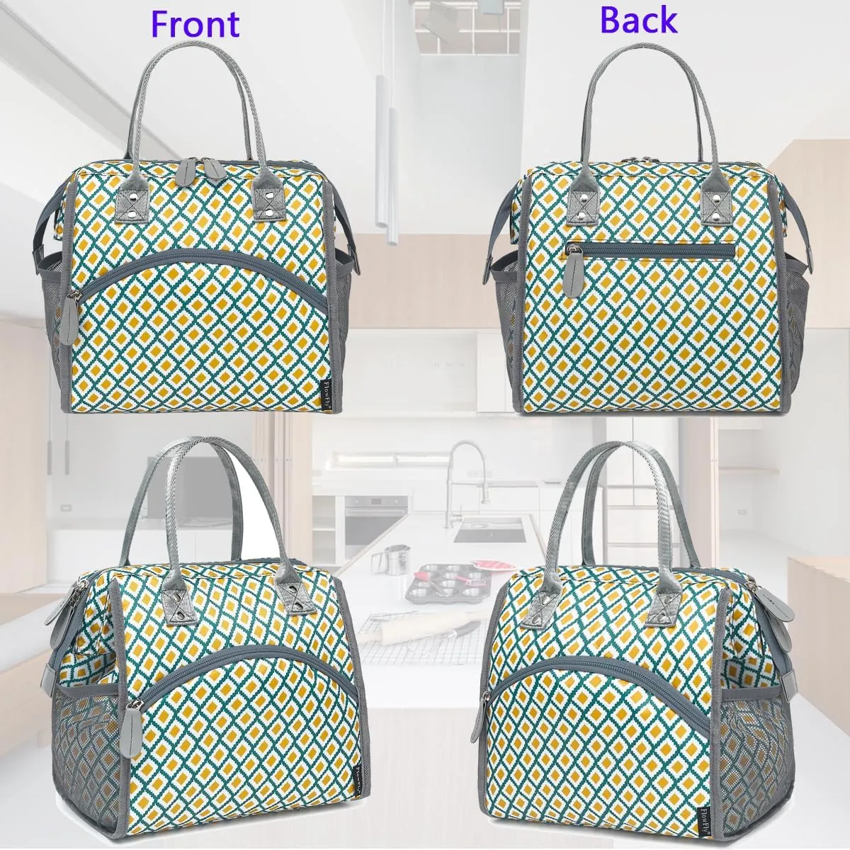 FlowFly Insulated Lunch Bag for Women, Men, Large and Reusable, Handle, Work and Travel Tote and Meal Prep Organizer, Square