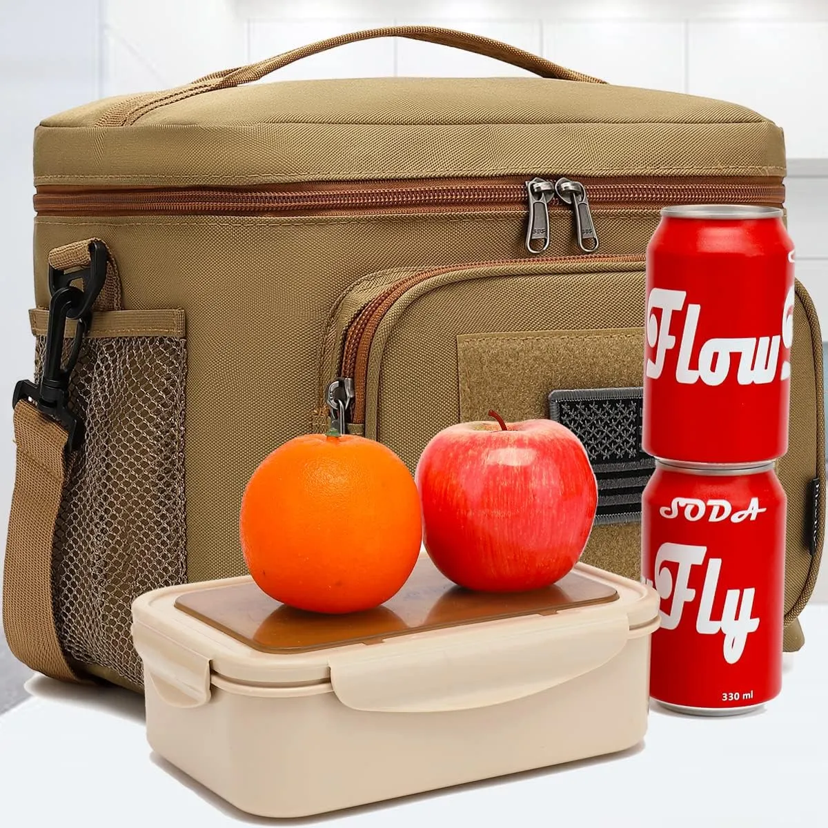 FlowFly Lunch Bag, Insulated Cooler, Thermal Lunch Box Tote with MOLLE/PALS Webbing, Adjustable Padded Shoulder Strap, for Tactical Men Women Adults and Boys Girls Kids (Brown, Large)