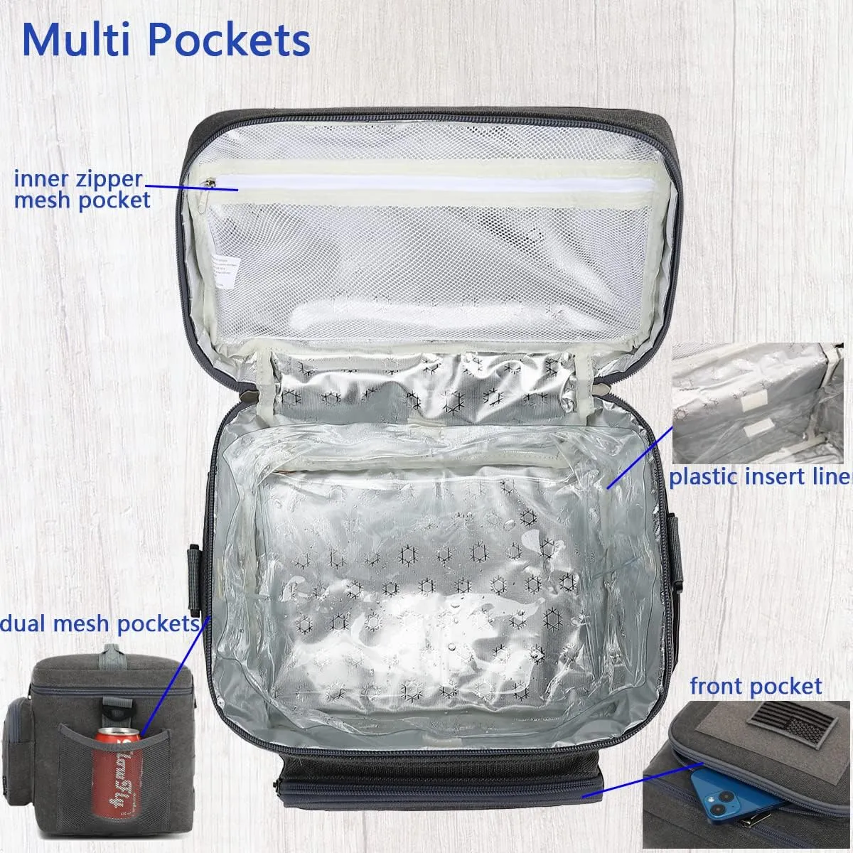 FlowFly Lunch Bag, Insulated Cooler, Thermal Lunch Box Tote with MOLLE/PALS Webbing, Adjustable Padded Shoulder Strap, for Tactical Men Women Adults and Boys Girls Kids (Navy, Large)