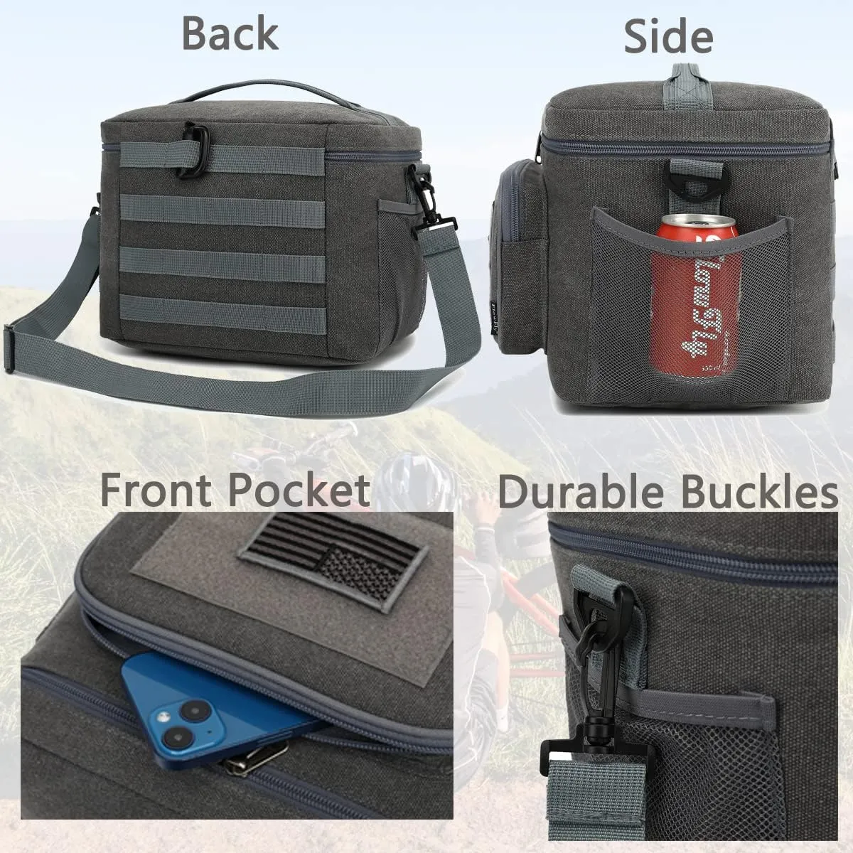 FlowFly Lunch Bag, Insulated Cooler, Thermal Lunch Box Tote with MOLLE/PALS Webbing, Adjustable Padded Shoulder Strap, for Tactical Men Women Adults and Boys Girls Kids (Navy, Large)