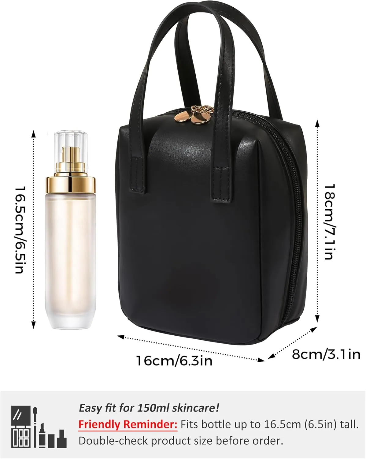 Fmeida Travel Makeup Bag Organizer Vegan Leather Cosmetic Case for Women, Waterproof Compact Design with Zipper Pockets (Black)