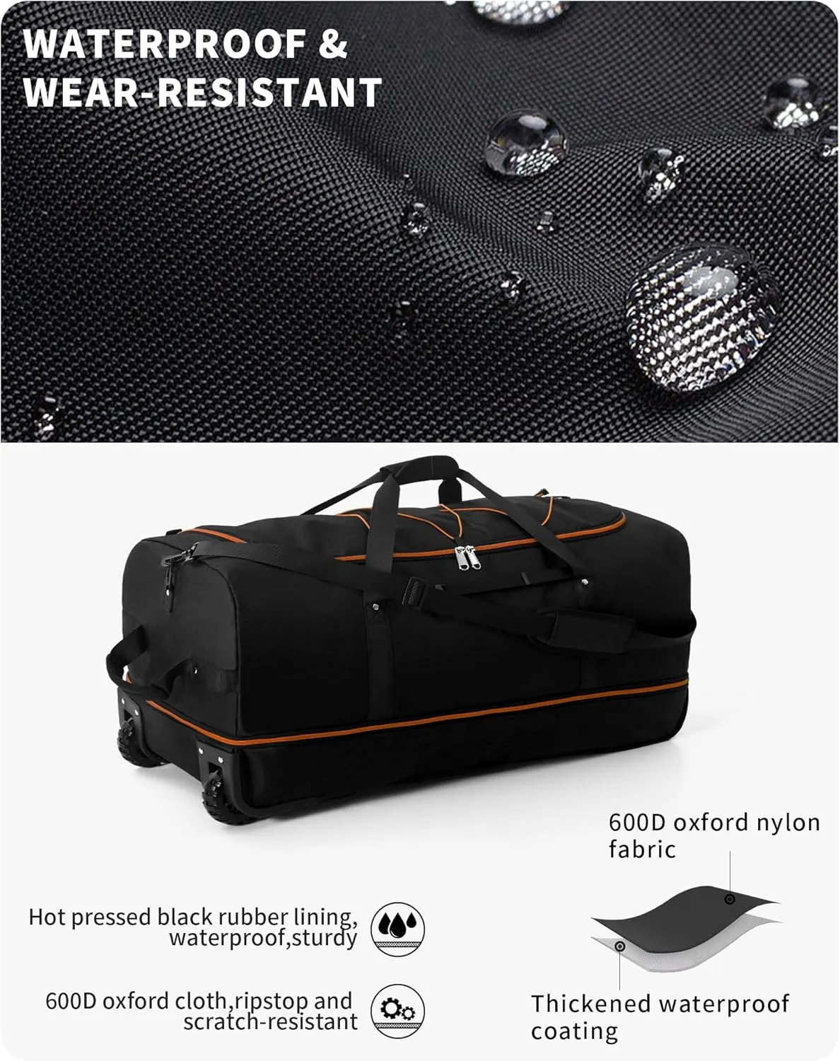 Foldable Wheeled Duffel Backpack with Padded Quilted Bottom,Waterproof Travel Duffle Bag with Extended Handles (Orange)