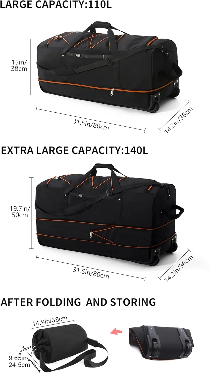 Foldable Wheeled Duffel Backpack with Padded Quilted Bottom,Waterproof Travel Duffle Bag with Extended Handles (Orange)