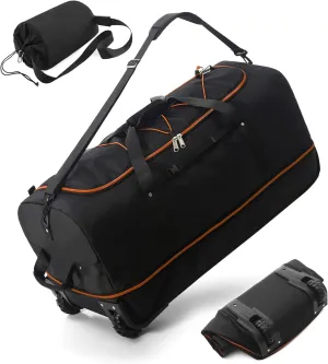 Foldable Wheeled Duffel Backpack with Padded Quilted Bottom,Waterproof Travel Duffle Bag with Extended Handles (Orange)
