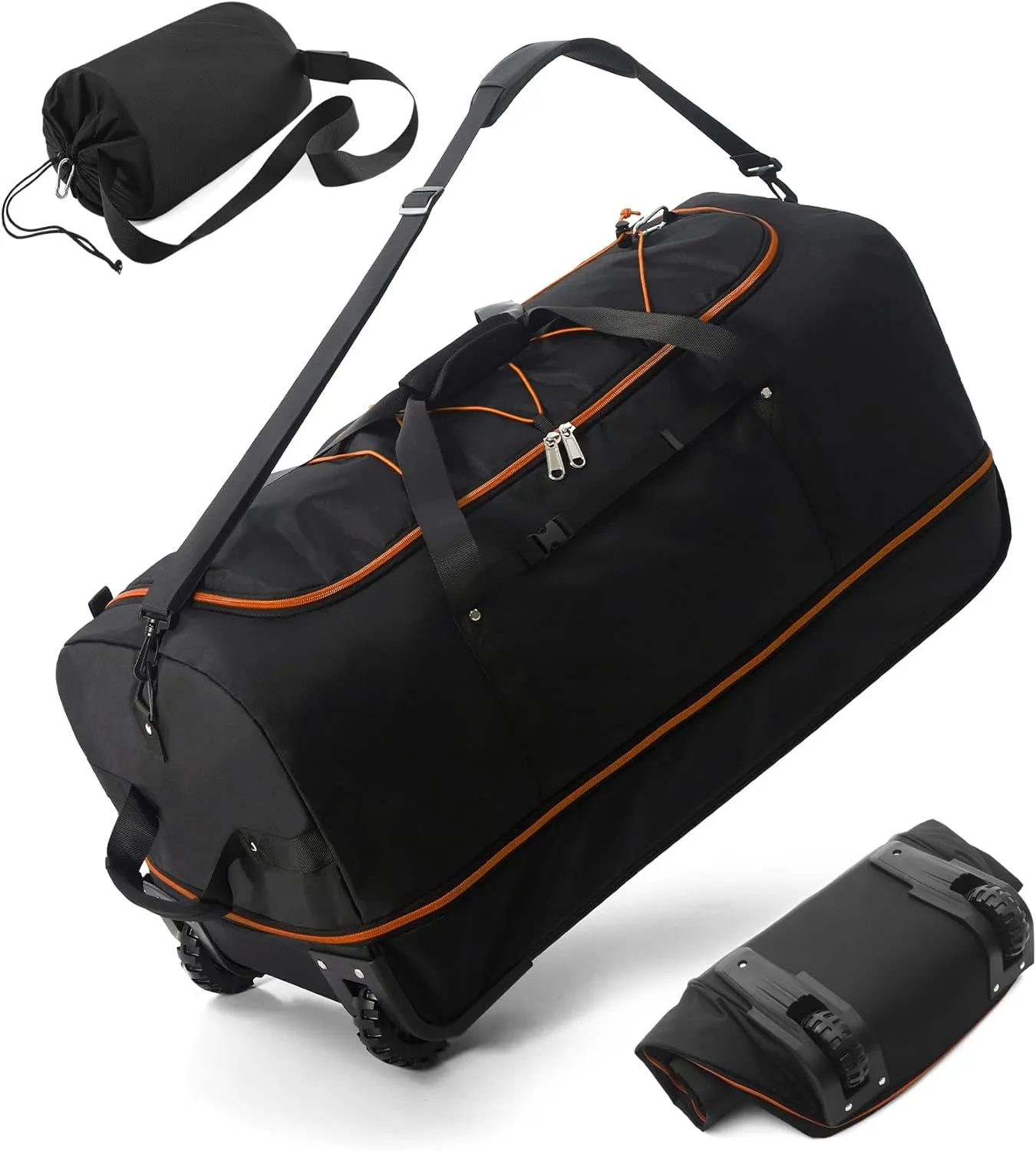 Foldable Wheeled Duffel Backpack with Padded Quilted Bottom,Waterproof Travel Duffle Bag with Extended Handles (Orange)
