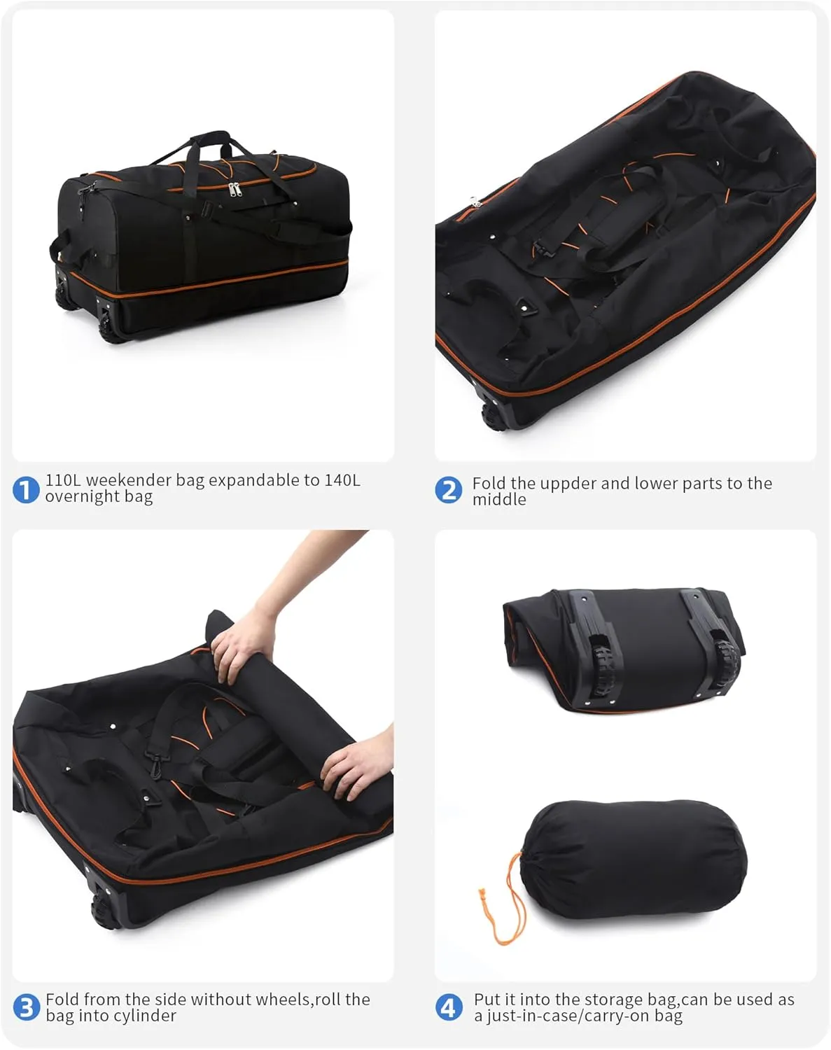Foldable Wheeled Duffel Backpack with Padded Quilted Bottom,Waterproof Travel Duffle Bag with Extended Handles (Orange)