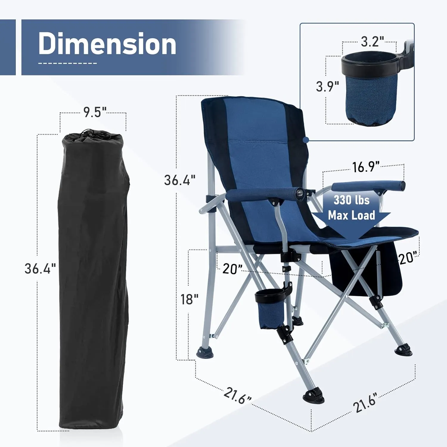 Folding Camping Chair Portable Outdoor Beach Chair, Heavy Duty Foldable Lawn chair Support 330lbs, Collapsible Lightweight Camp Chair with Cup Holder&Carry Bag for Fishing Outside Sports Picnic(Blue)