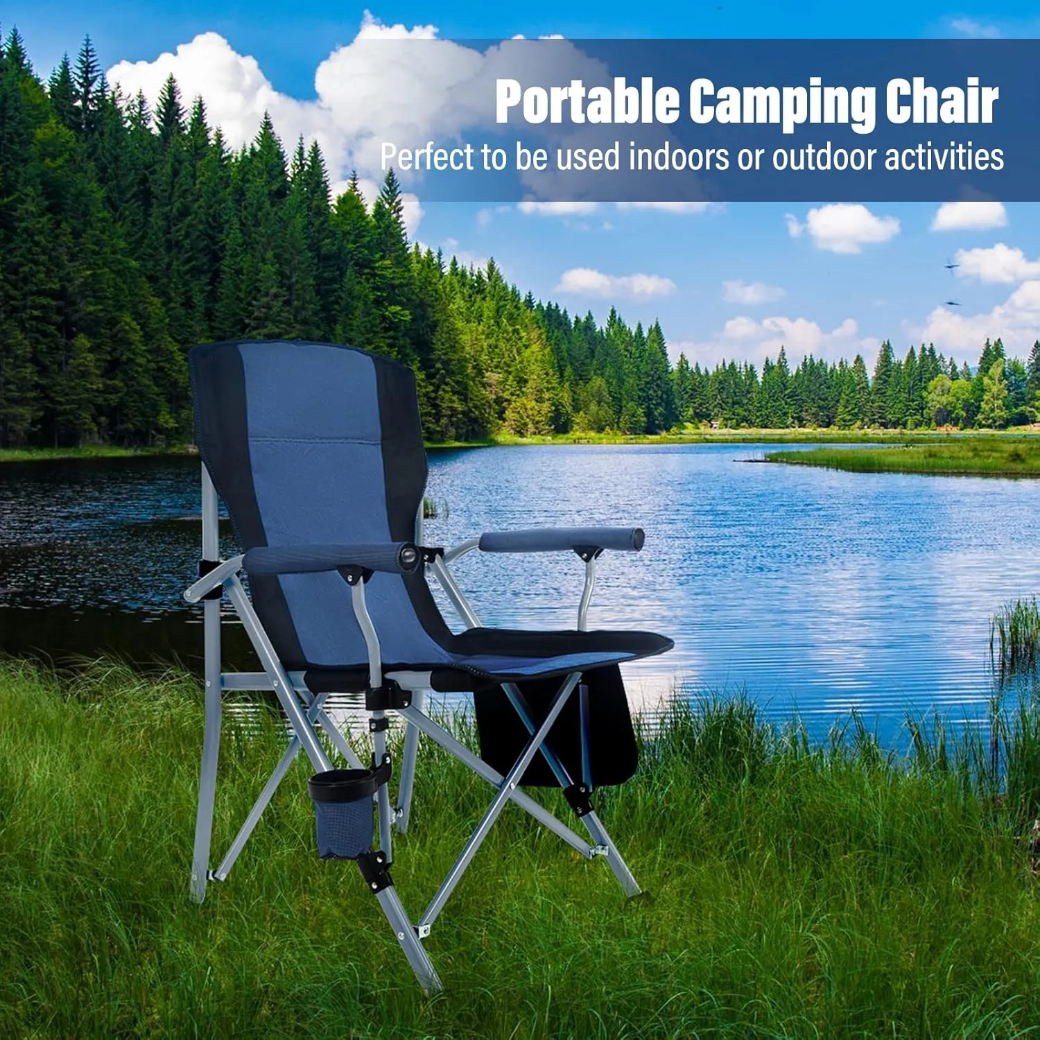 Folding Camping Chair Portable Outdoor Beach Chair, Heavy Duty Foldable Lawn chair Support 330lbs, Collapsible Lightweight Camp Chair with Cup Holder&Carry Bag for Fishing Outside Sports Picnic(Blue)