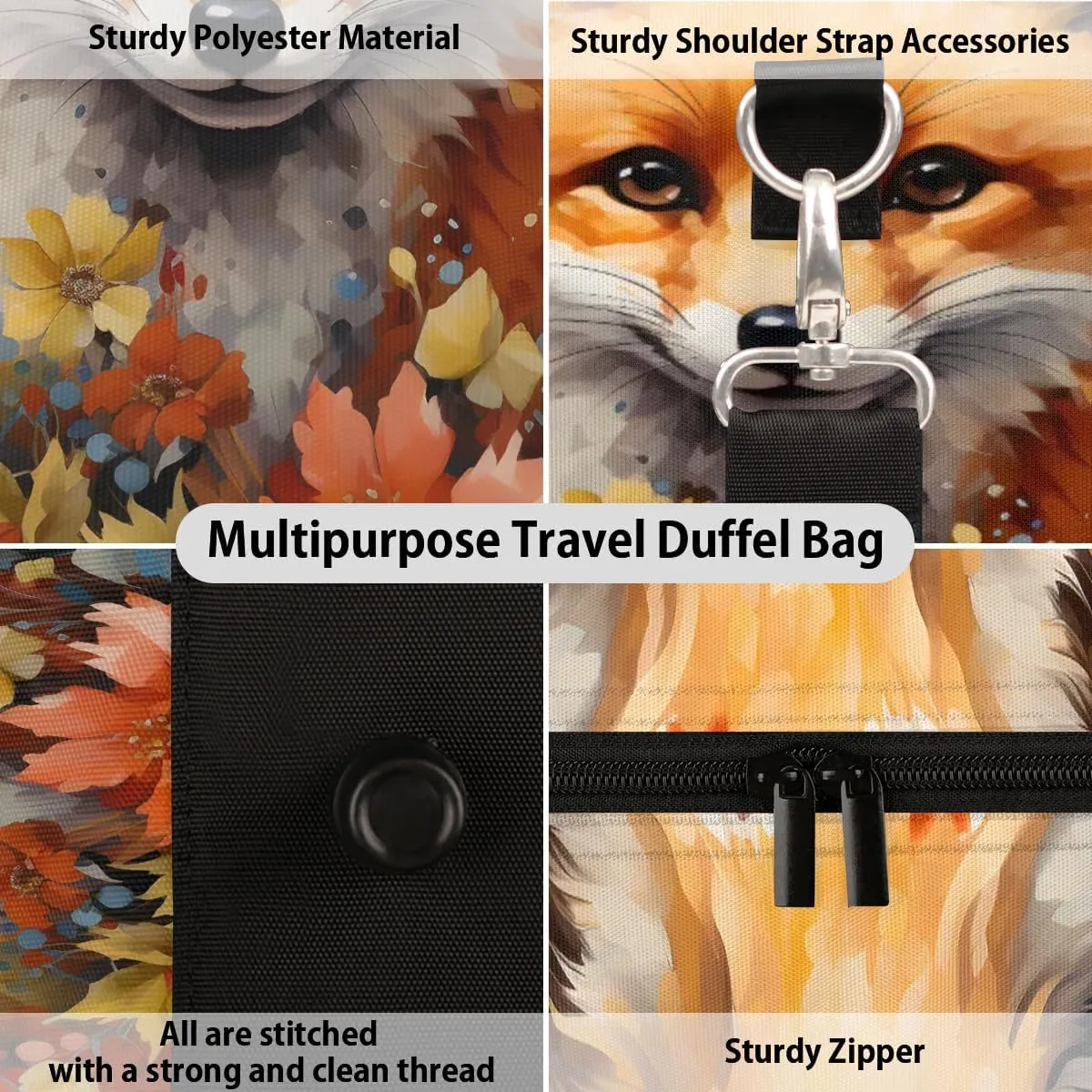 Fox Printed Travel Duffel Bag for Women Men Waterproof Foldable Overnight Weekender Bag Large Capacity Sports Gym Bag
