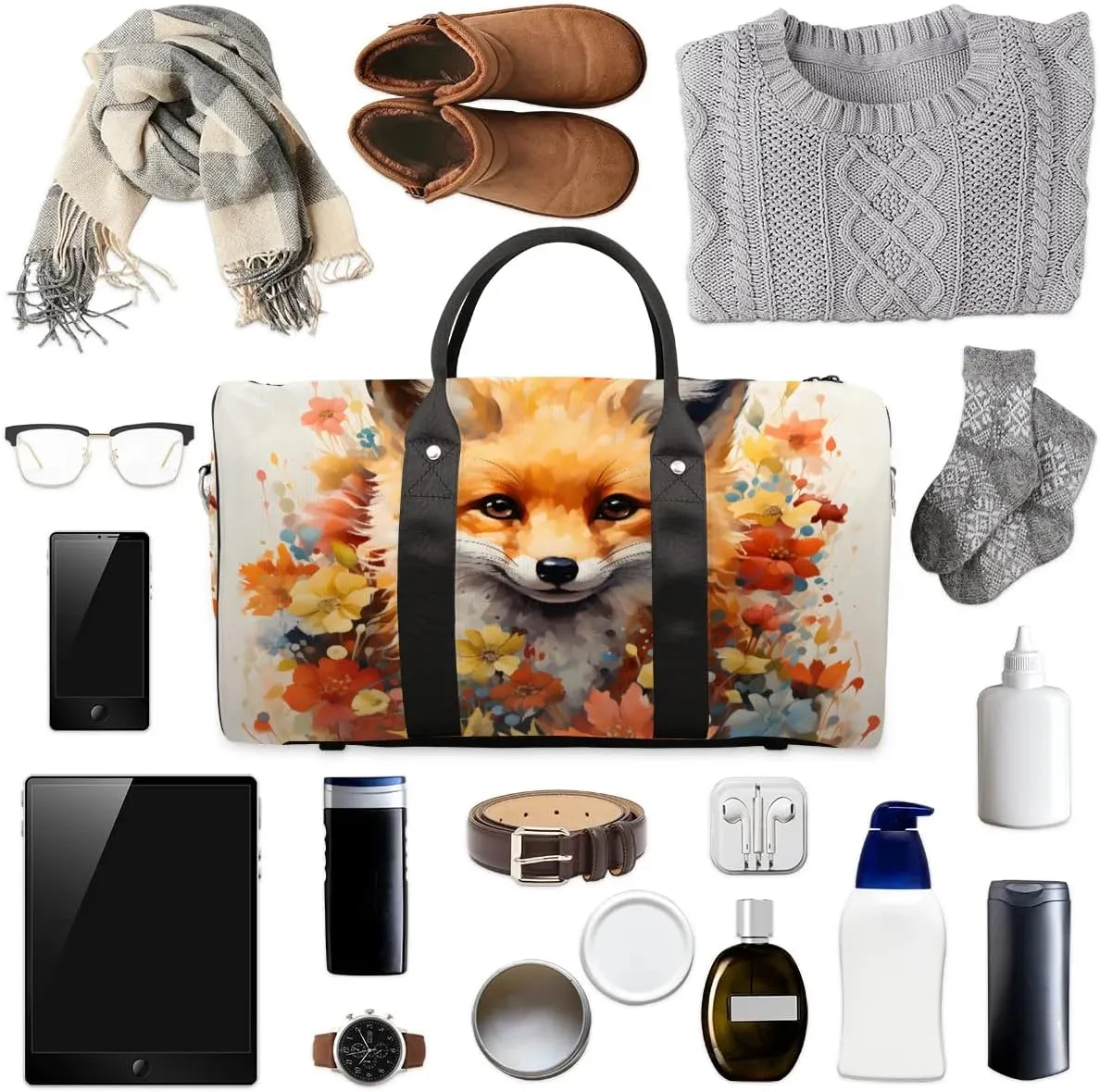 Fox Printed Travel Duffel Bag for Women Men Waterproof Foldable Overnight Weekender Bag Large Capacity Sports Gym Bag