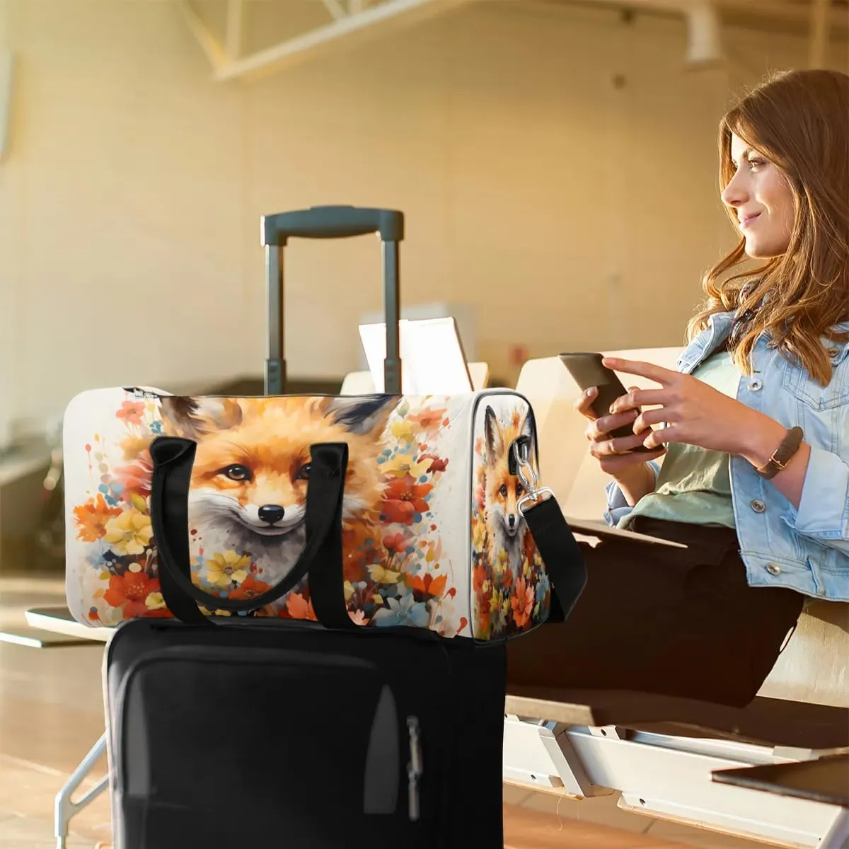 Fox Printed Travel Duffel Bag for Women Men Waterproof Foldable Overnight Weekender Bag Large Capacity Sports Gym Bag