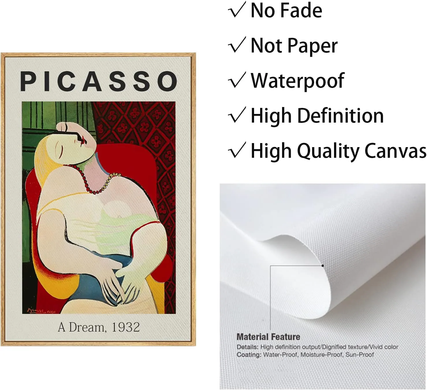 Framed Canvas Print Wall Art A Dream Famous Paintings Artwork By Pablo Picasso Canvas Prints Home Decoration for Living Room, Bed Room, Office - 12x16in Natural Framed