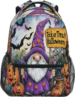 Fun Backpack for Women Men Waterproof Business Work Bag with Chest Strap for Travel Trip Halloween Pumpkin Dwarf Purple