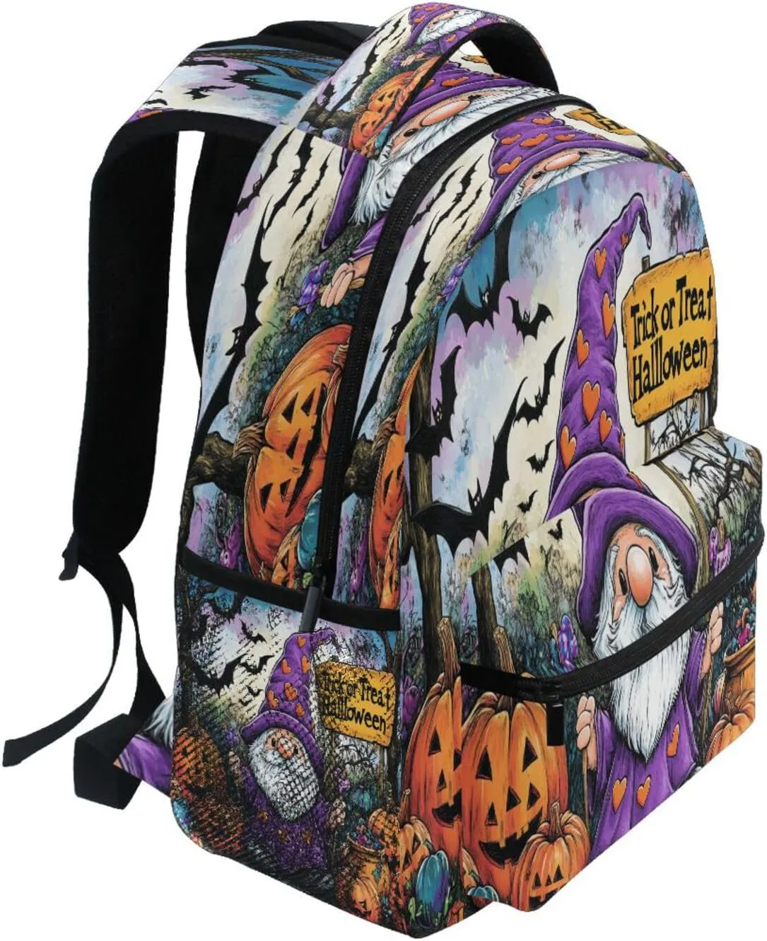 Fun Backpack for Women Men Waterproof Business Work Bag with Chest Strap for Travel Trip Halloween Pumpkin Dwarf Purple