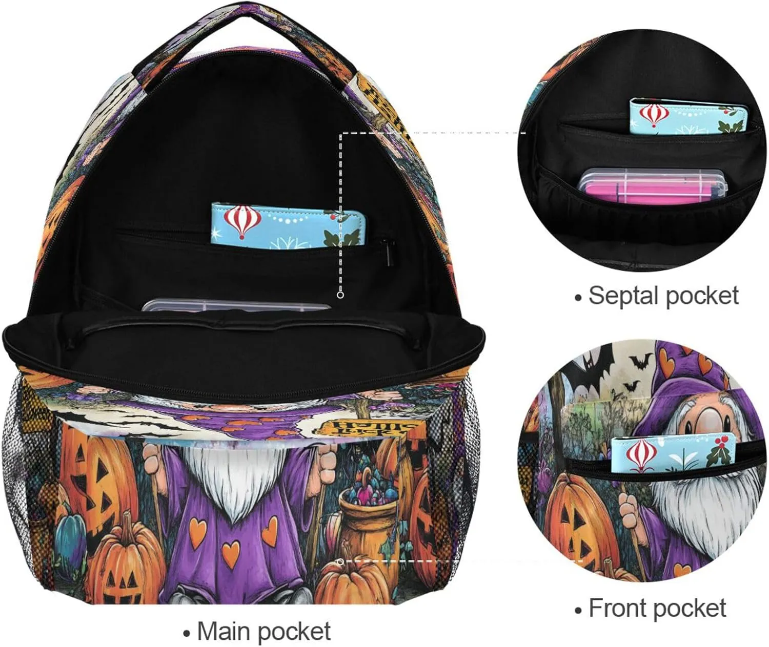 Fun Backpack for Women Men Waterproof Business Work Bag with Chest Strap for Travel Trip Halloween Pumpkin Dwarf Purple