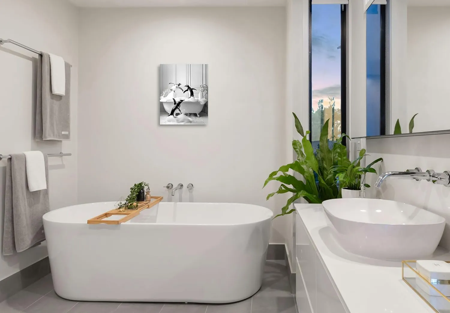Funny Animals Bathroom Canvas Wall Art - Penguin in Bathtub Painting - Black and White Animal Pictures for Restroom Wall Decor - Framed 24x30 Inch