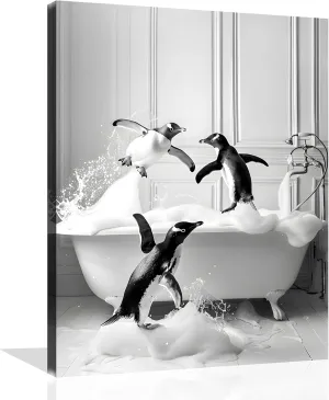Funny Animals Bathroom Canvas Wall Art - Penguin in Bathtub Painting - Black and White Animal Pictures for Restroom Wall Decor - Framed 24x30 Inch