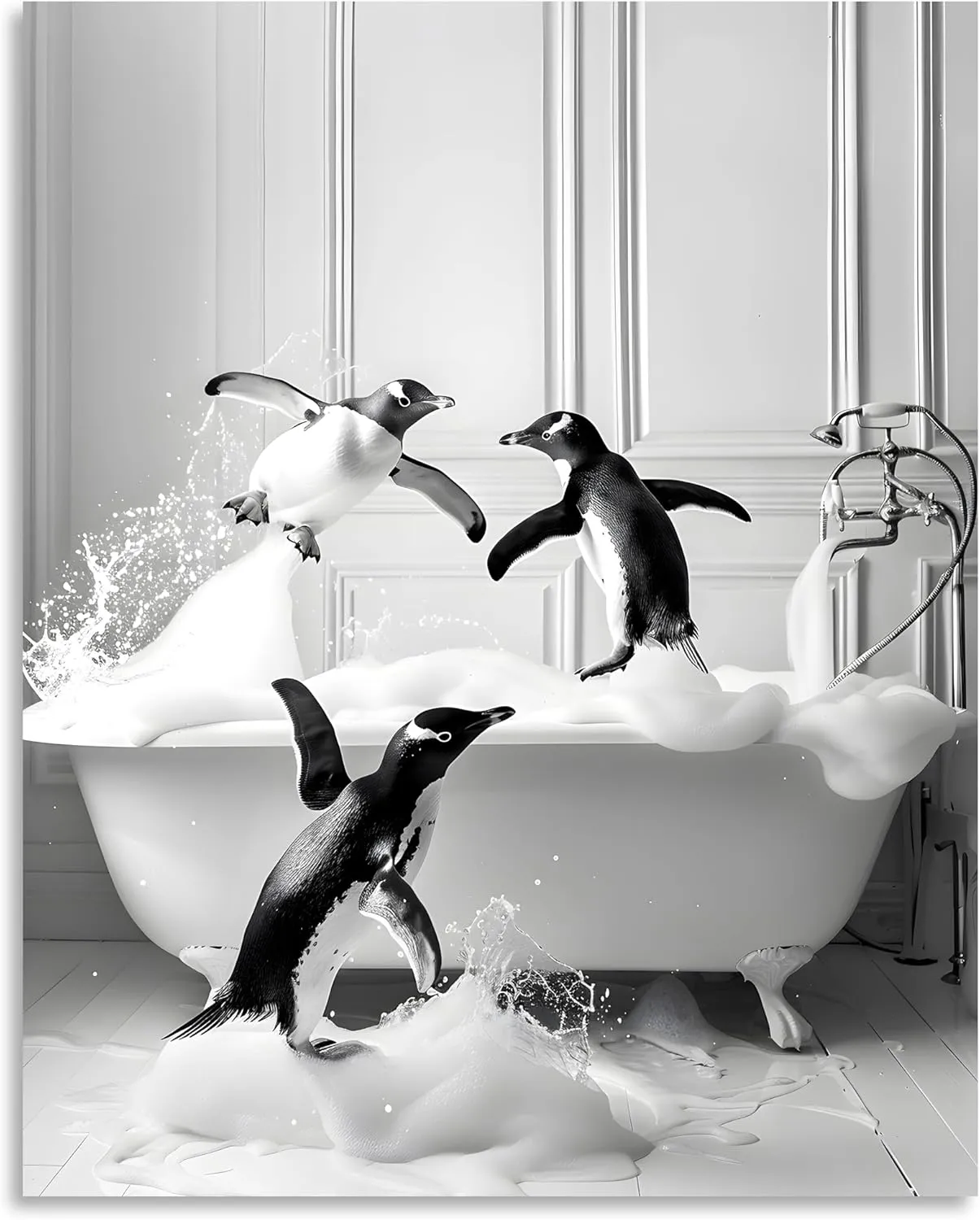 Funny Animals Bathroom Canvas Wall Art - Penguin in Bathtub Painting - Black and White Animal Pictures for Restroom Wall Decor - Framed 24x30 Inch