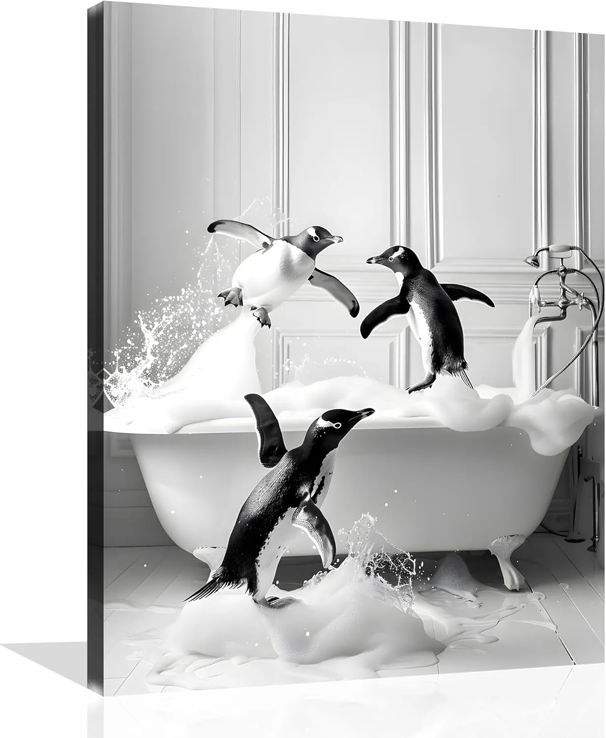 Funny Animals Bathroom Canvas Wall Art - Penguin in Bathtub Painting - Black and White Animal Pictures for Restroom Wall Decor - Framed 24x30 Inch