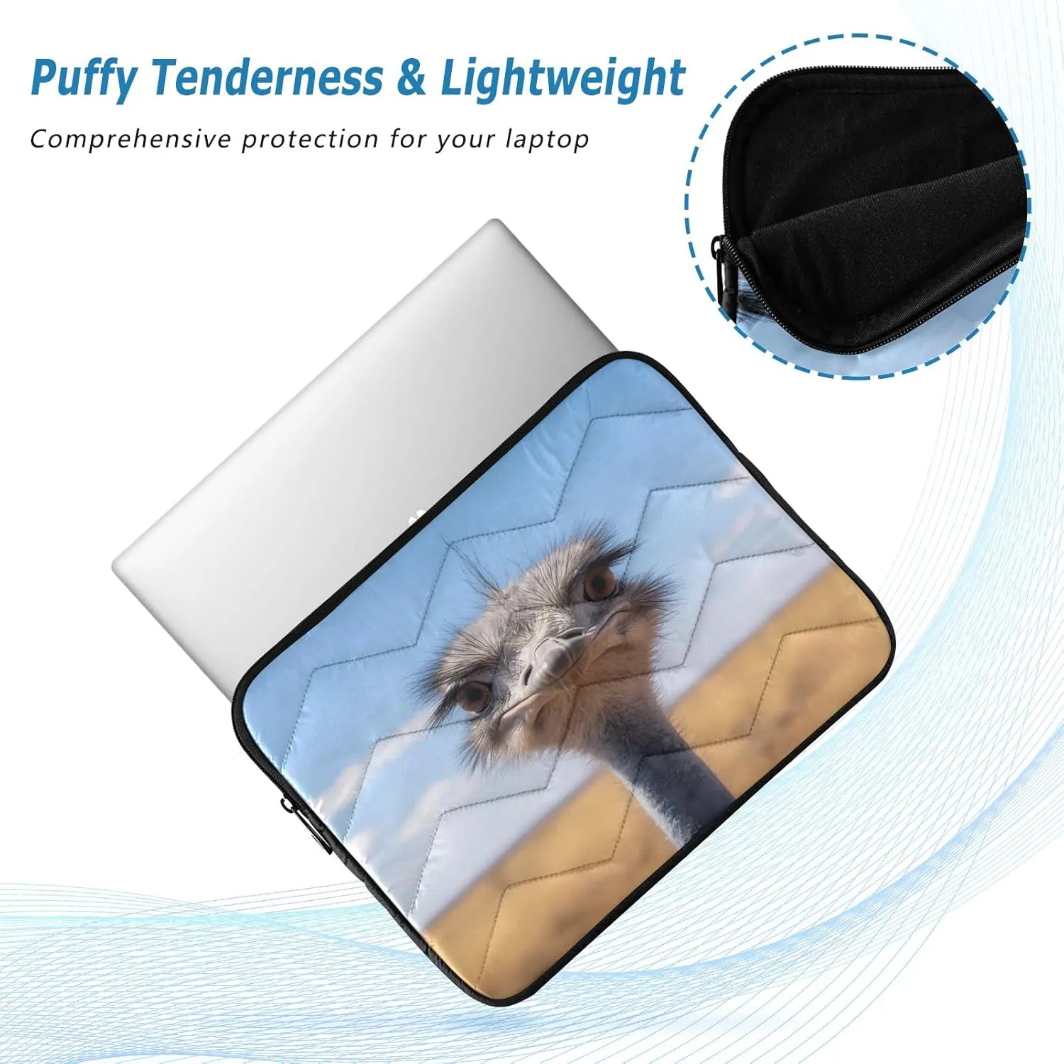 Funny Ostrich Closeup 15-16 Inch Quilted Laptop Sleeve Case Soft Notebook Protector Bag Computer Carrying Case