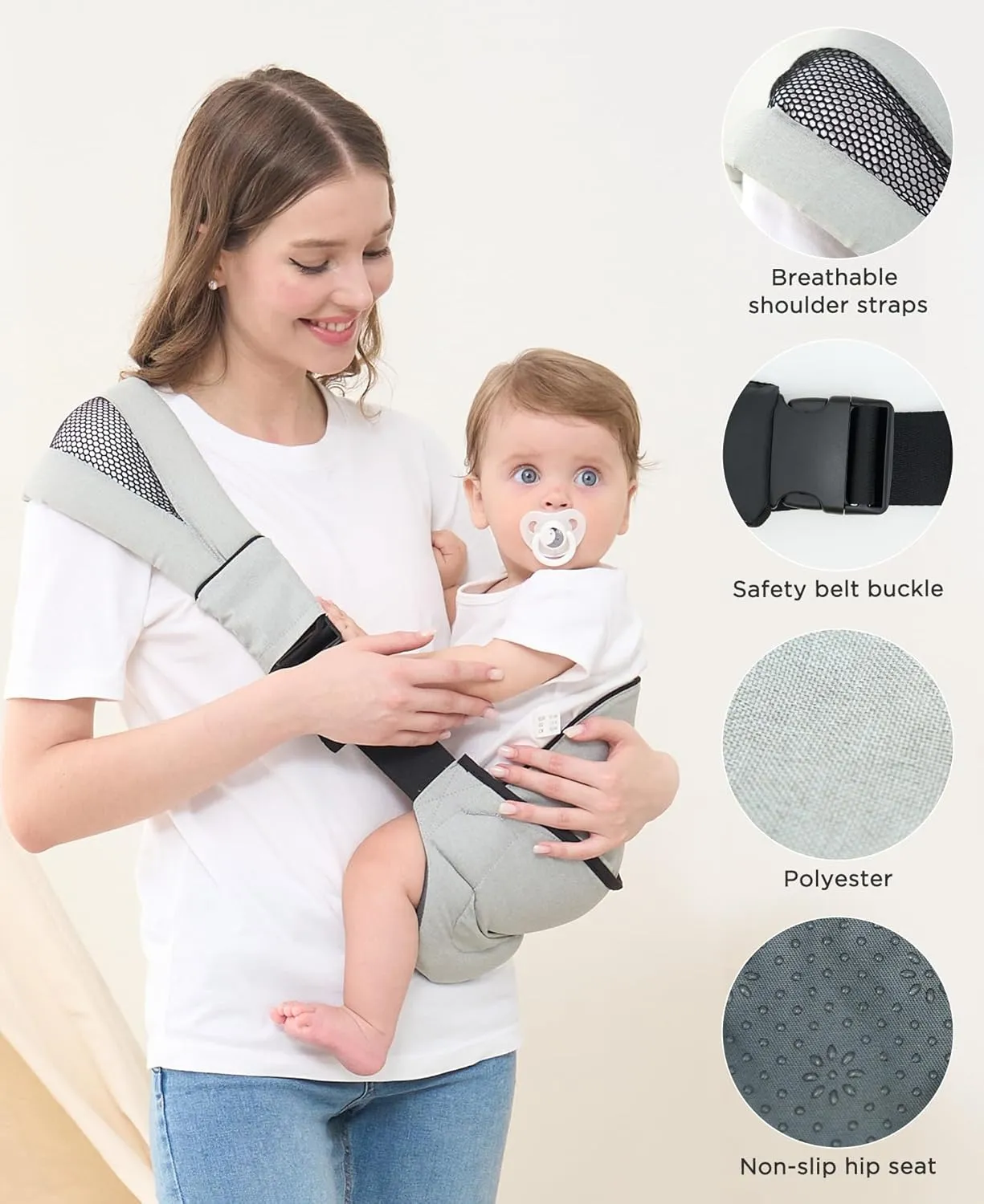 GAGAKU Toddler Carrier Adjustable Padded Sling Portable Ergonomic Baby Holder Carrier with Non-Slip Seat for 6-36 Months Infants & Toddlers (14-35 lbs)-Light Grey