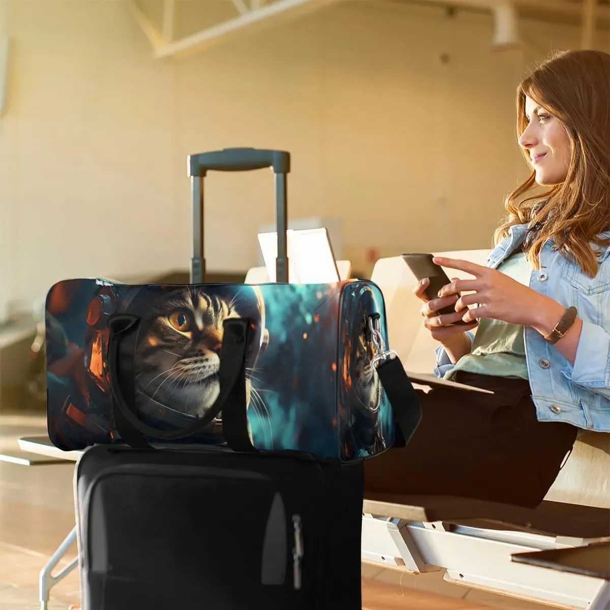Galaxy Cat Printed Travel Duffel Bag for Women Men Waterproof Foldable Overnight Weekender Bag Large Capacity Sports Gym Bag