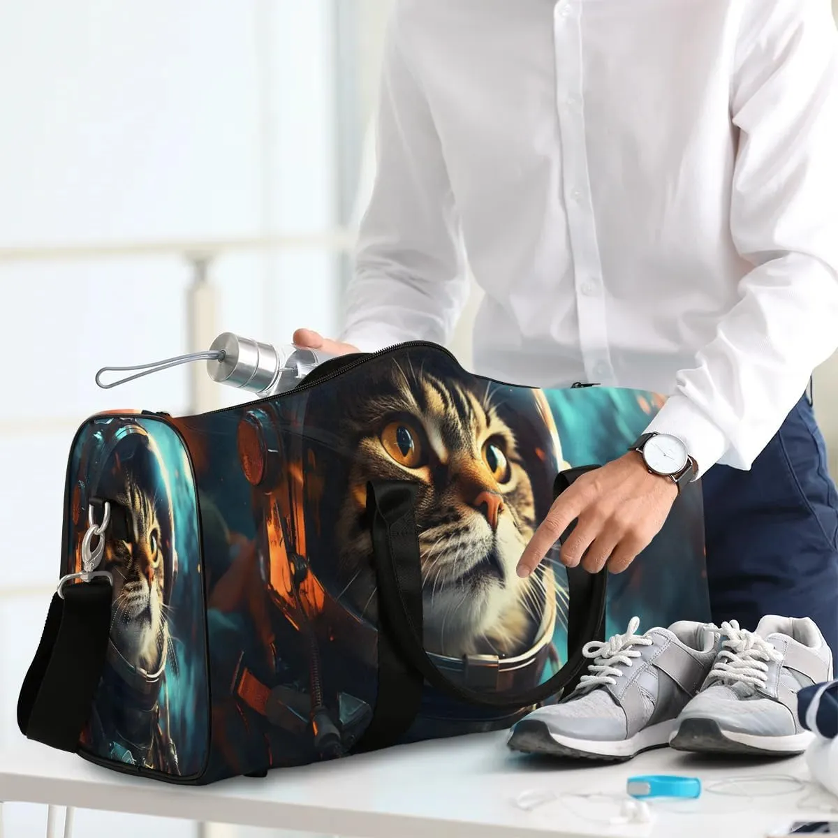 Galaxy Cat Printed Travel Duffel Bag for Women Men Waterproof Foldable Overnight Weekender Bag Large Capacity Sports Gym Bag