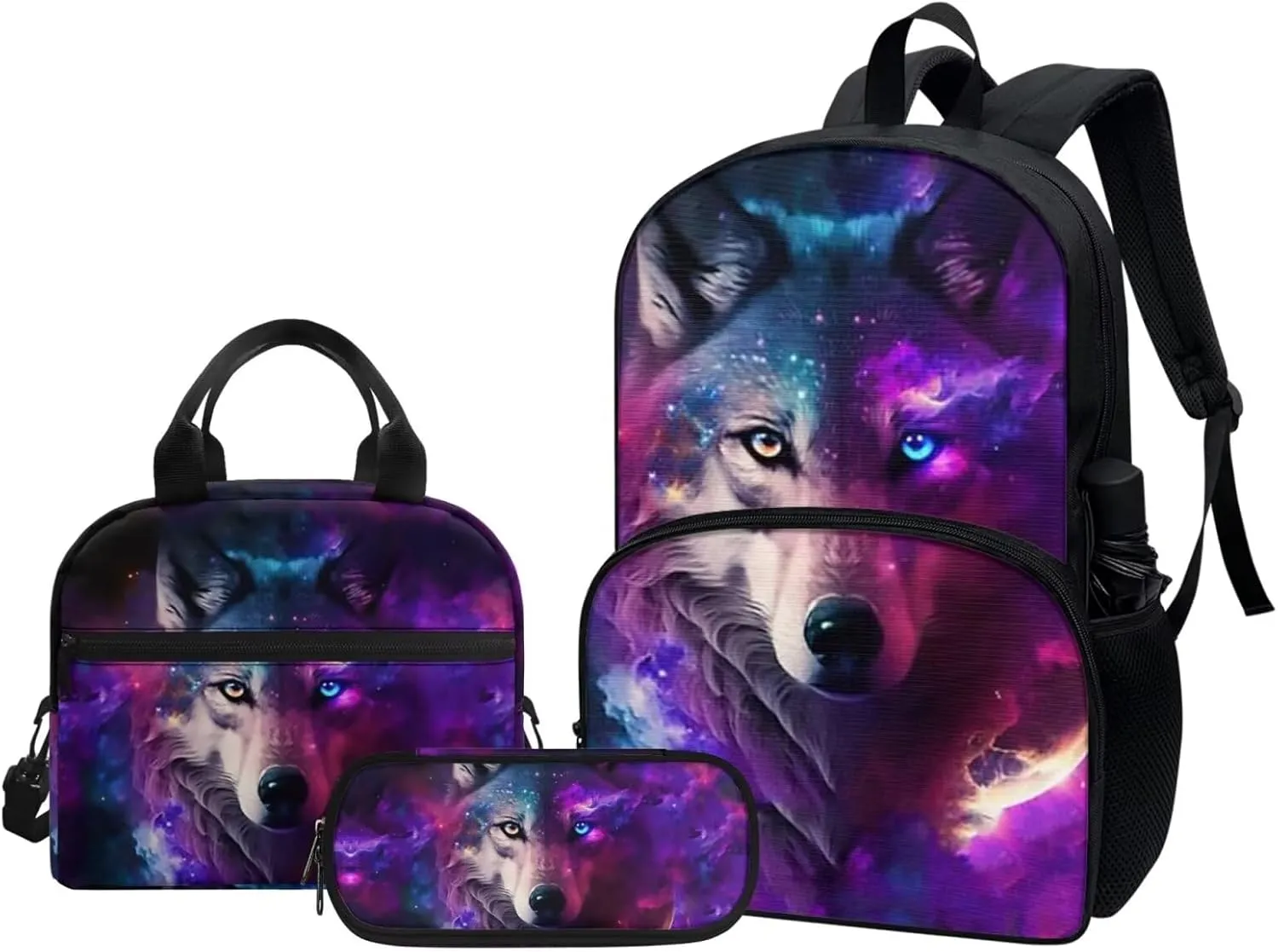 Galaxy Wolf Boys Backpack with Lunch Box 3Pcs Kids Backpack Set for Elementary Kindergarten School Bookbag Pencil Case Teen Boys Camping Daypack