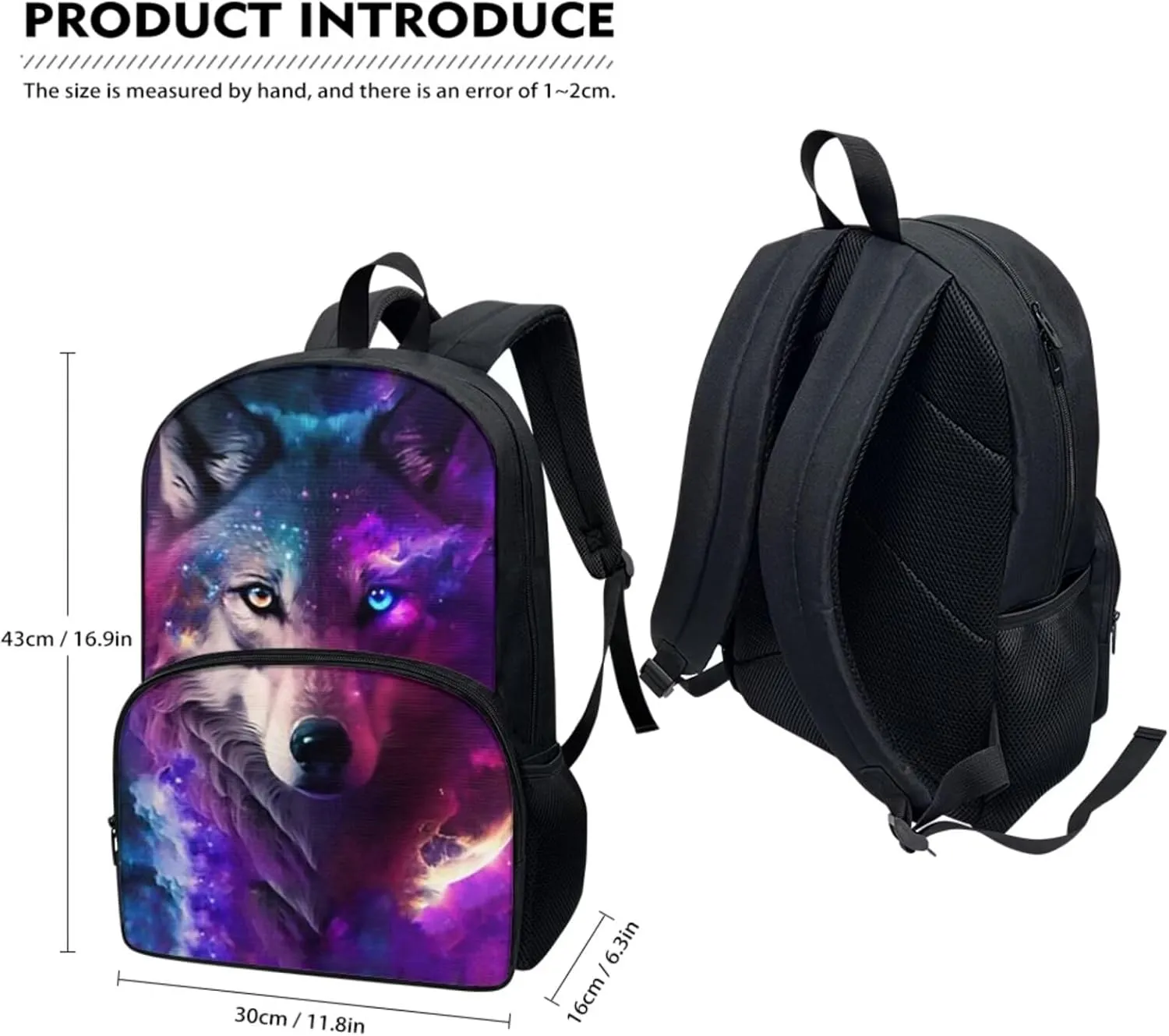 Galaxy Wolf Boys Backpack with Lunch Box 3Pcs Kids Backpack Set for Elementary Kindergarten School Bookbag Pencil Case Teen Boys Camping Daypack