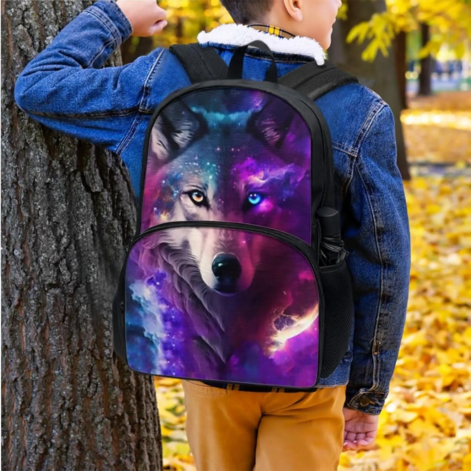 Galaxy Wolf Boys Backpack with Lunch Box 3Pcs Kids Backpack Set for Elementary Kindergarten School Bookbag Pencil Case Teen Boys Camping Daypack