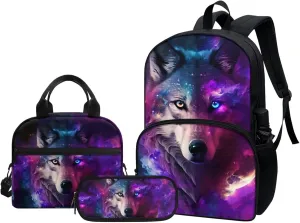 Galaxy Wolf Boys Backpack with Lunch Box 3Pcs Kids Backpack Set for Elementary Kindergarten School Bookbag Pencil Case Teen Boys Camping Daypack