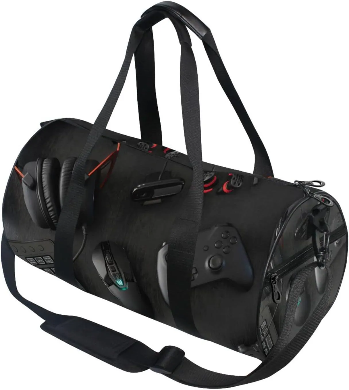 Gamer Work Space Concept Scrapbook Mouse, Keyboard, Joystick Duffel Bag, Foldable Canvas Travel Tote for Gym Sports with Inner Pockets, Durable Lightweight Fitness Bag for Overnight Workout