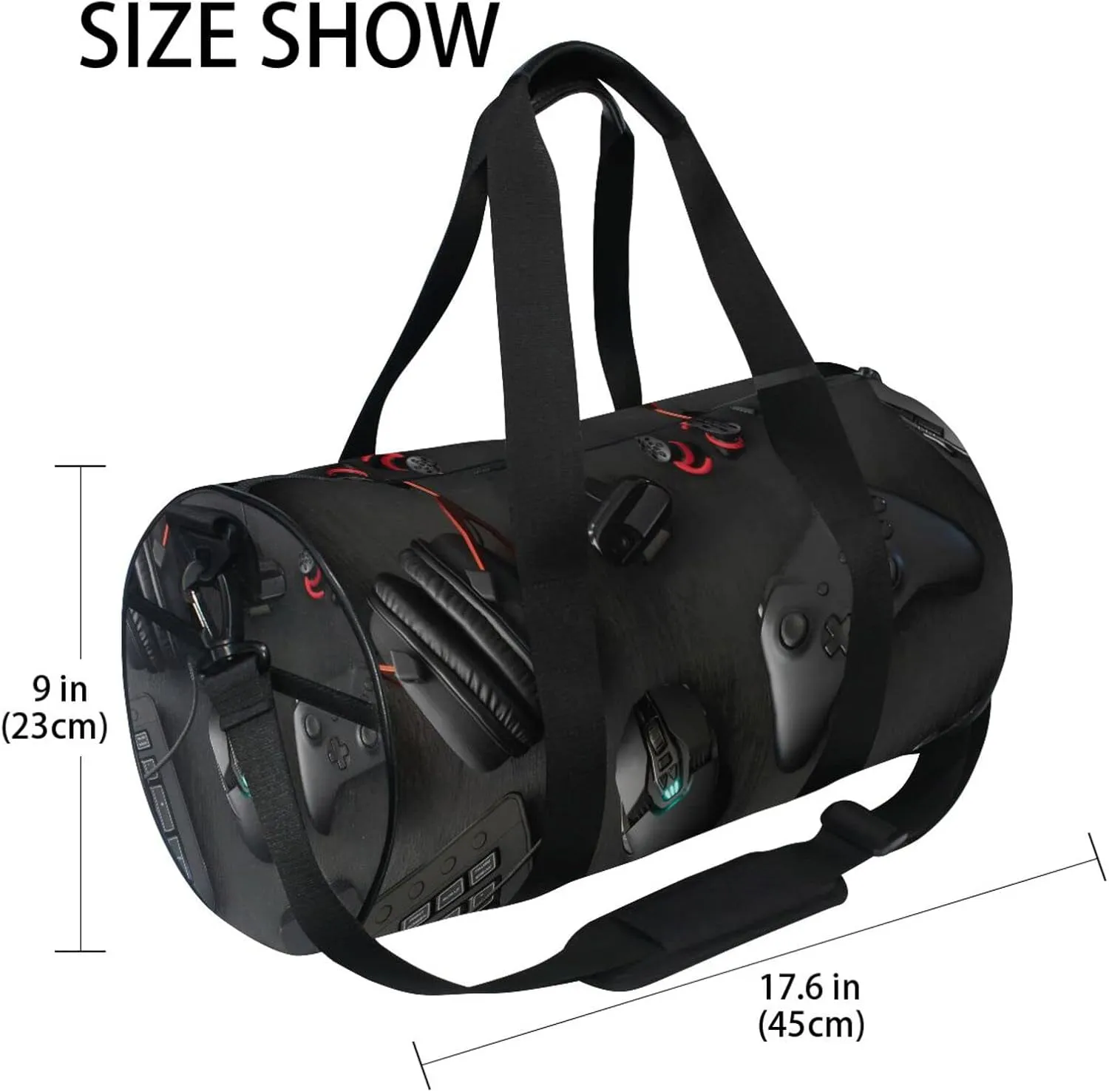 Gamer Work Space Concept Scrapbook Mouse, Keyboard, Joystick Duffel Bag, Foldable Canvas Travel Tote for Gym Sports with Inner Pockets, Durable Lightweight Fitness Bag for Overnight Workout