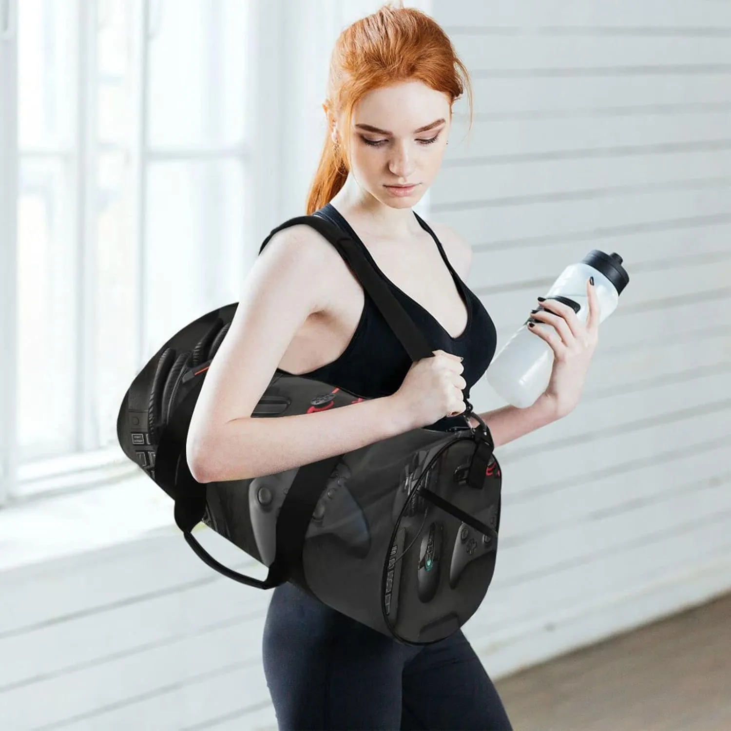 Gamer Work Space Concept Scrapbook Mouse, Keyboard, Joystick Duffel Bag, Foldable Canvas Travel Tote for Gym Sports with Inner Pockets, Durable Lightweight Fitness Bag for Overnight Workout